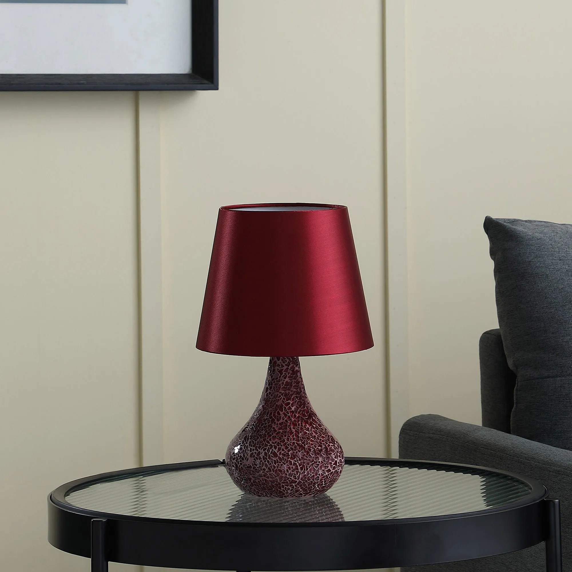11" Red Resin and Glass Mosaic Crackle Accent Lamp With Burdy Drum Shade