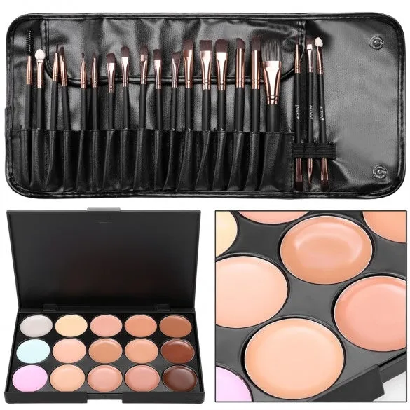 15 Colors Makeup Face Cream Concealer Palette   20 PCS Powder Brushes   Carrying Bag