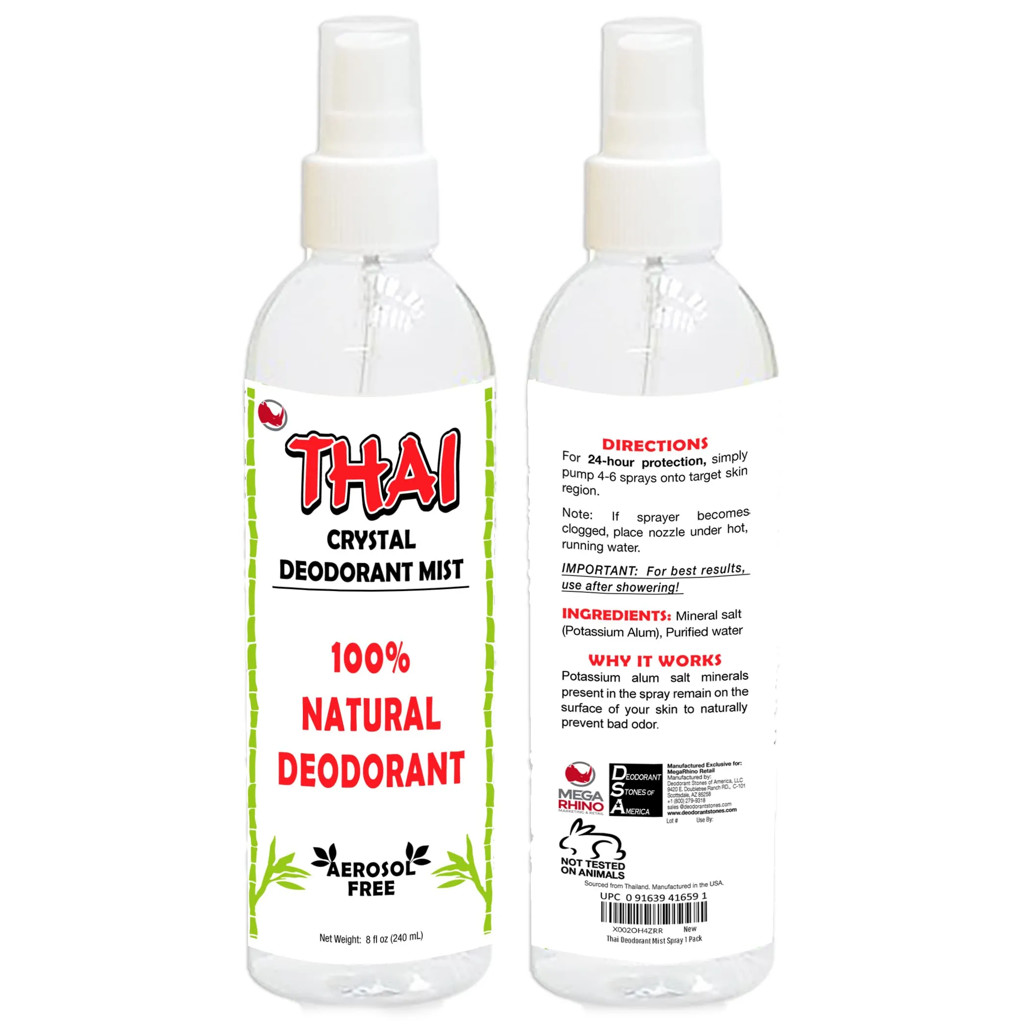 2-Pack Thai Crystal Deodorant Stone (4.25 oz) & 2-Pack Thai Crystal Salt Mist Spray (8 oz) Bundle Natural Unscented Whole Body Deodorant for Women Men & Teens