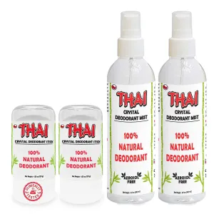 2-Pack Thai Crystal Deodorant Stone (4.25 oz) & 2-Pack Thai Crystal Salt Mist Spray (8 oz) Bundle Natural Unscented Whole Body Deodorant for Women Men & Teens