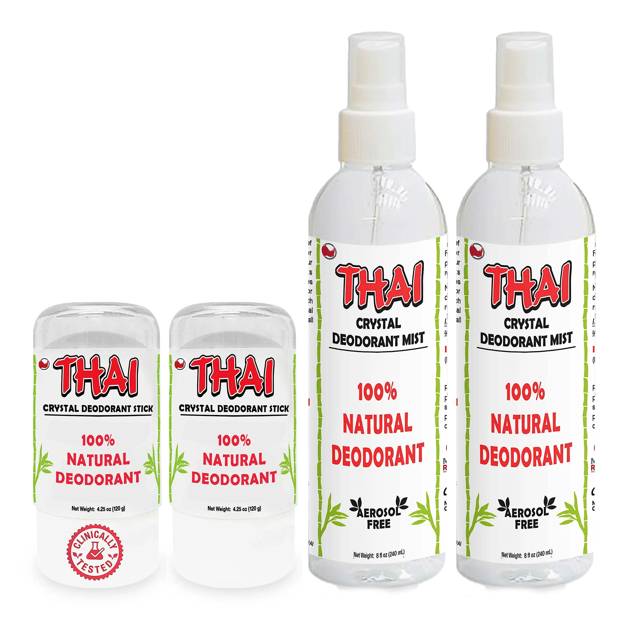 2-Pack Thai Crystal Deodorant Stone (4.25 oz) & 2-Pack Thai Crystal Salt Mist Spray (8 oz) Bundle Natural Unscented Whole Body Deodorant for Women Men & Teens