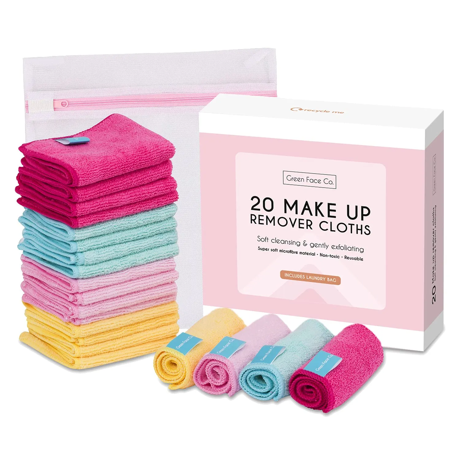 20 x Microfibre Makeup Remover Wipes with Laundry Bag by Green Face Co | Reusable Soft Facial Cloths for Beauty Routine | Great Make Up Removing Towel or Cleansing Cloth