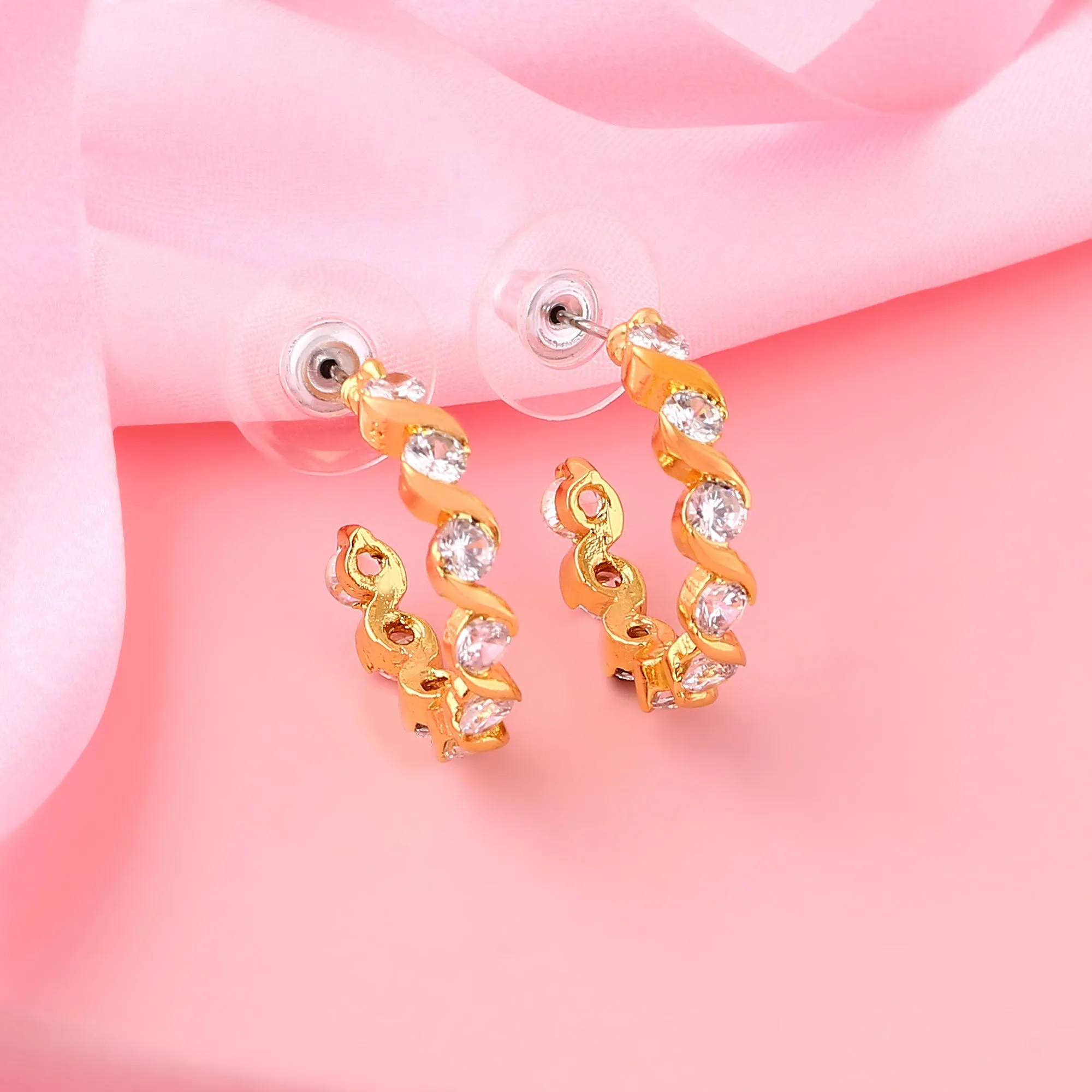24Kt Gold Plated White Cz Hoop Earrings