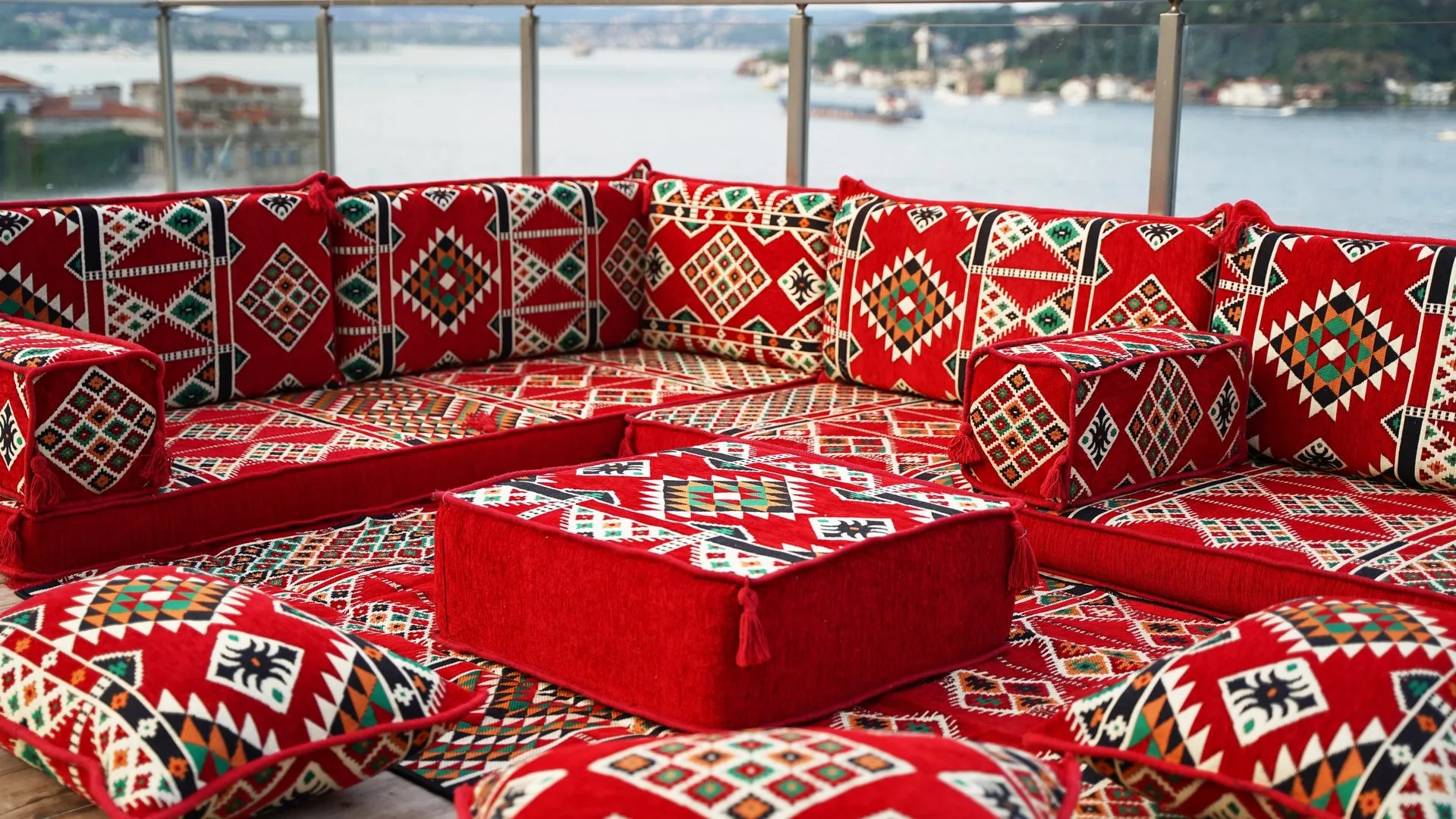4" Thickness Red L Shaped Floor Couch, Arabic Sofa Seating, Floor Pillow, Corner Floor Sofa, Sectional Sofa