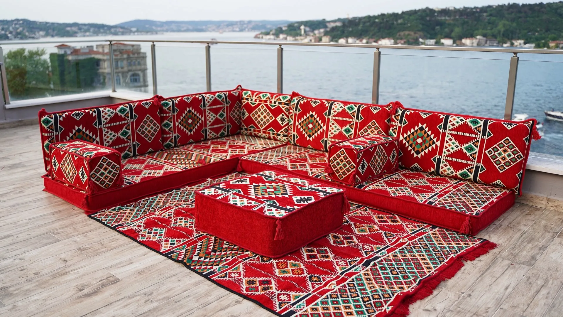 4" Thickness Red L Shaped Floor Couch, Arabic Sofa Seating, Floor Pillow, Corner Floor Sofa, Sectional Sofa