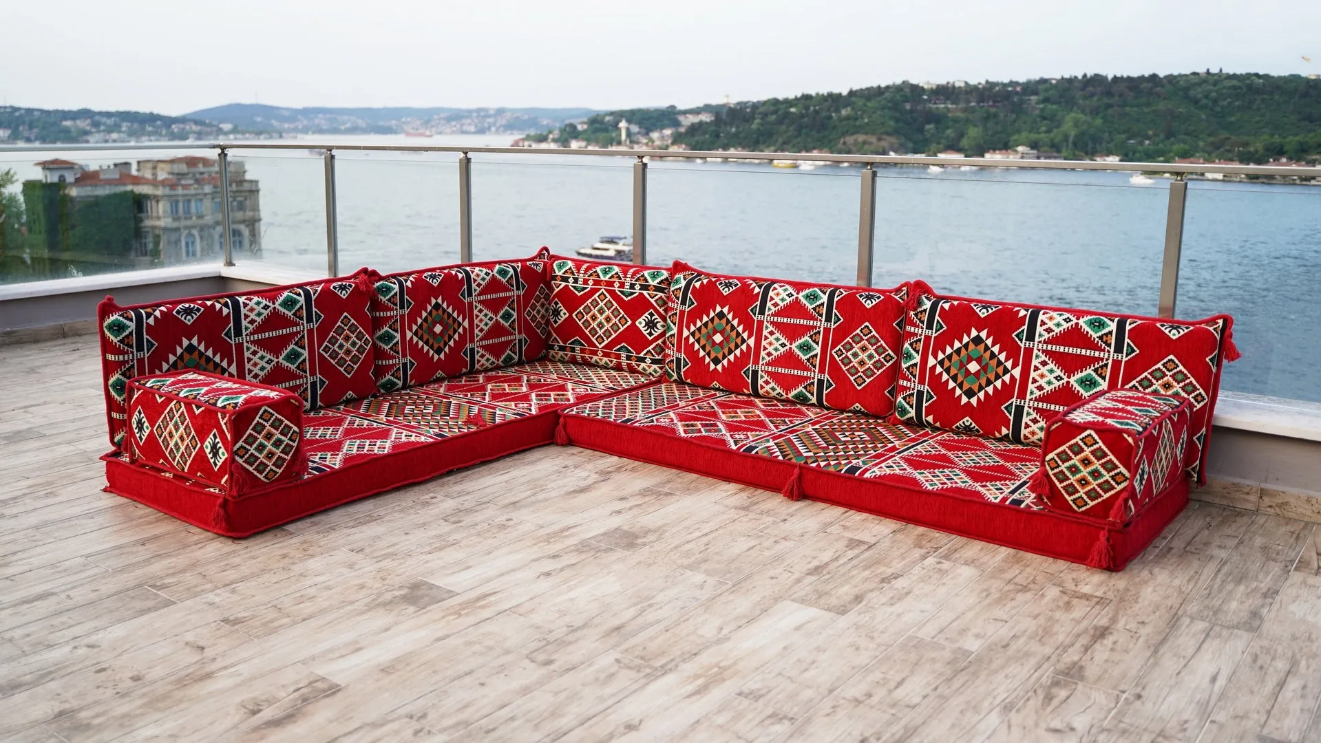 4" Thickness Red L Shaped Floor Couch, Arabic Sofa Seating, Floor Pillow, Corner Floor Sofa, Sectional Sofa