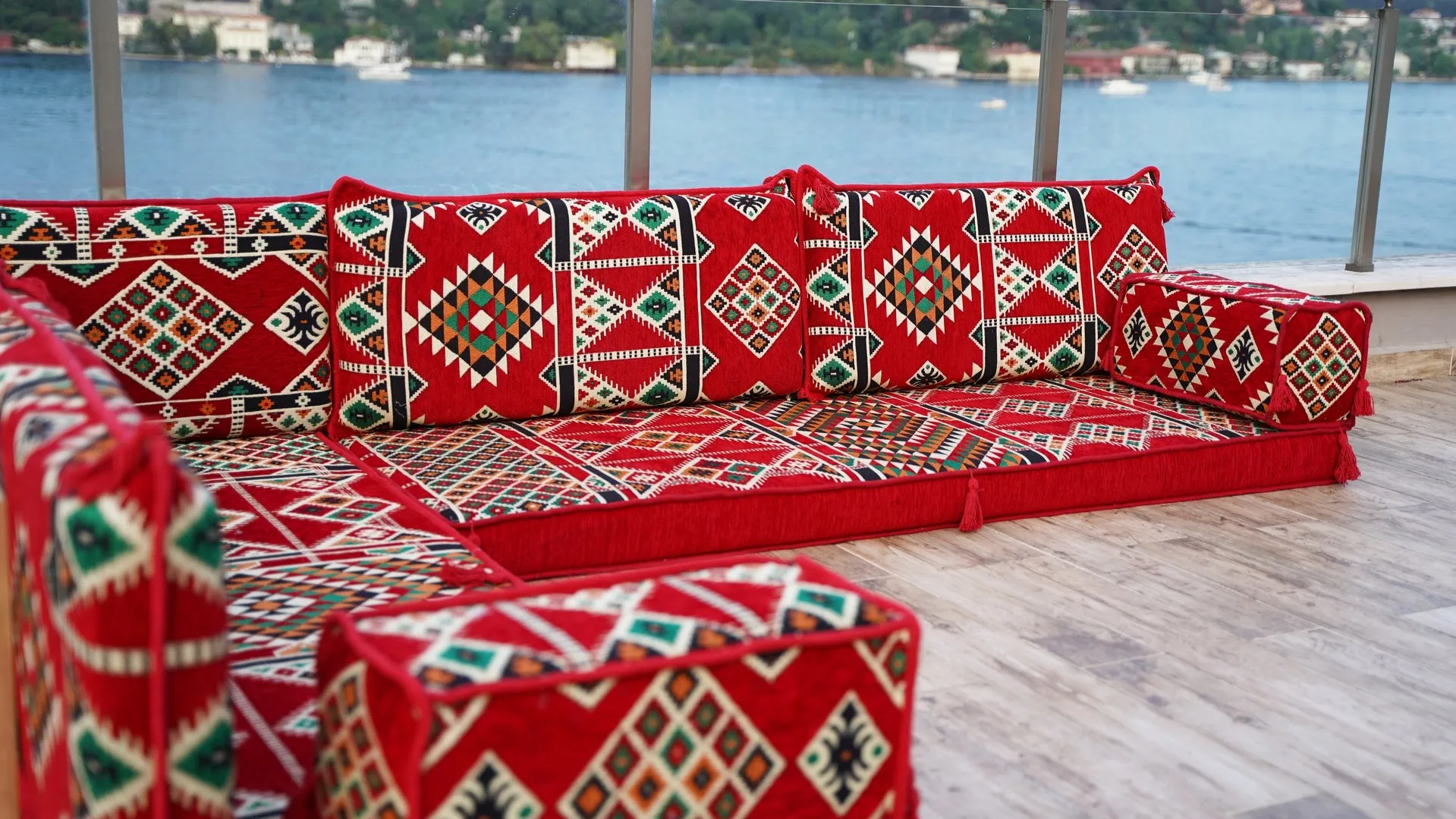 4" Thickness Red L Shaped Floor Couch, Arabic Sofa Seating, Floor Pillow, Corner Floor Sofa, Sectional Sofa