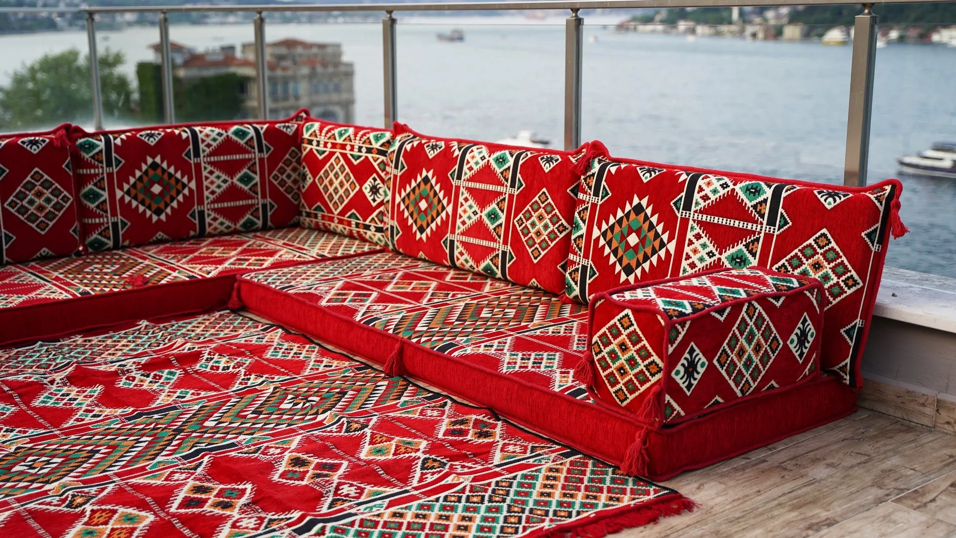 4" Thickness Red L Shaped Floor Couch, Arabic Sofa Seating, Floor Pillow, Corner Floor Sofa, Sectional Sofa