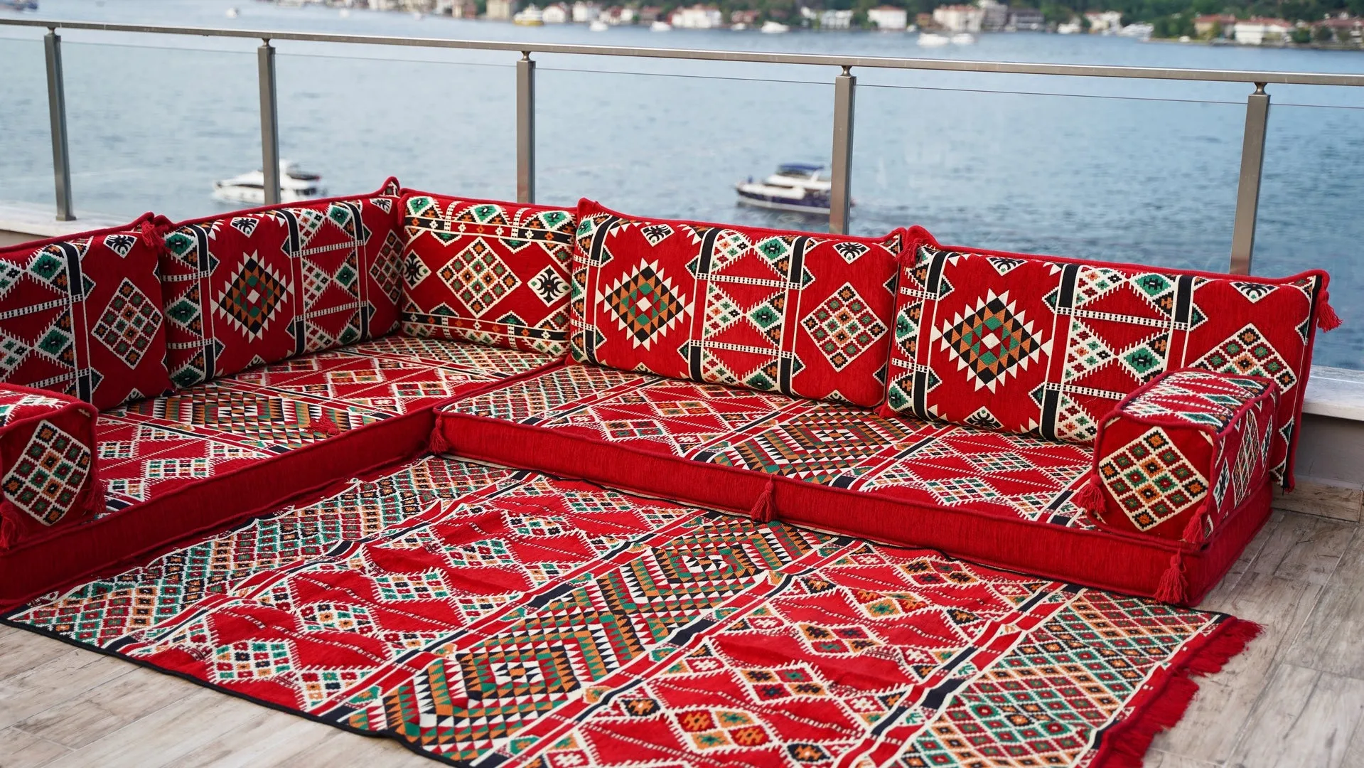 4" Thickness Red L Shaped Floor Couch, Arabic Sofa Seating, Floor Pillow, Corner Floor Sofa, Sectional Sofa
