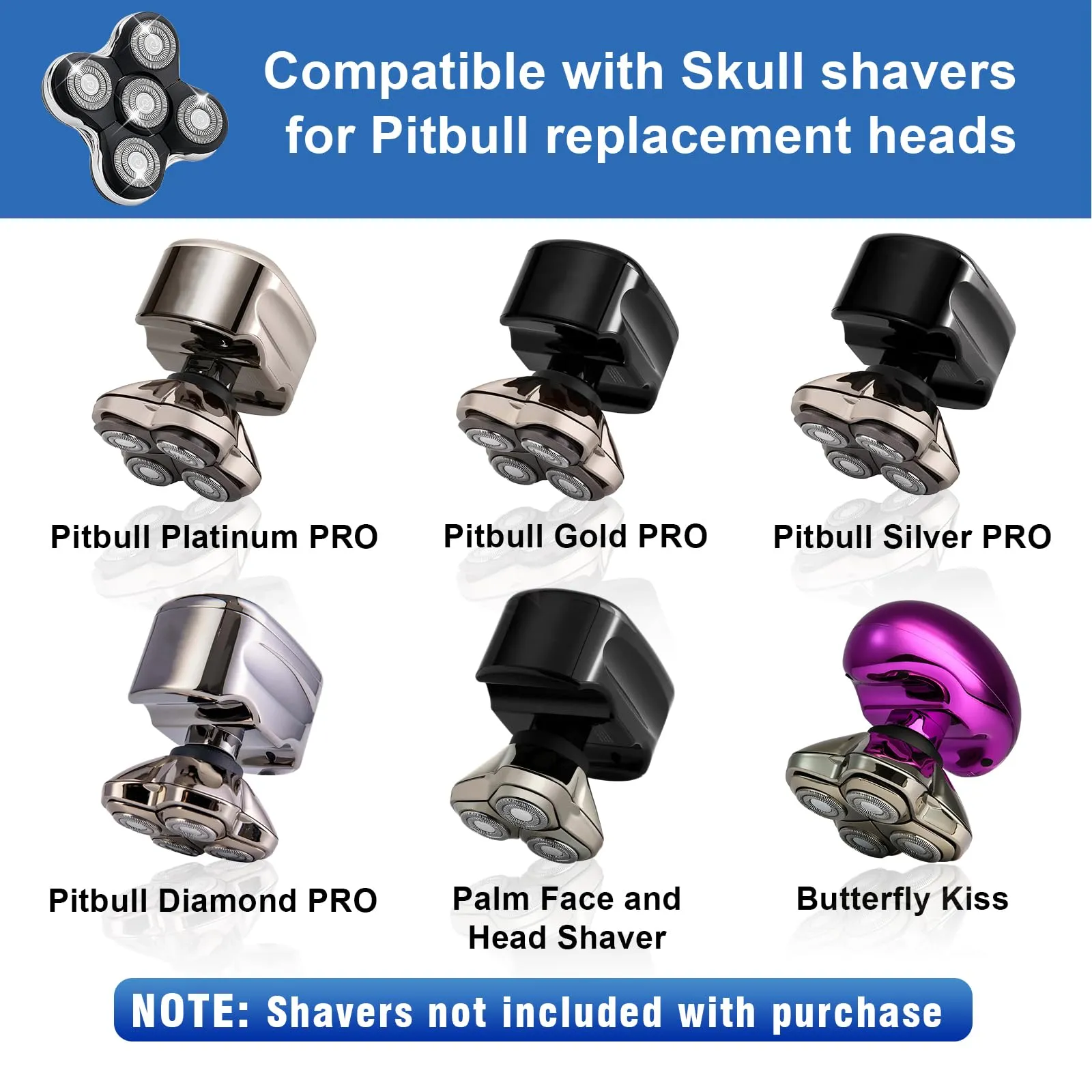 5 Blade Replacement Shaver heads compatible with Skull Shaver for Pitbull Gold PRO/Pitbull Platinum Pro Shaver Heads