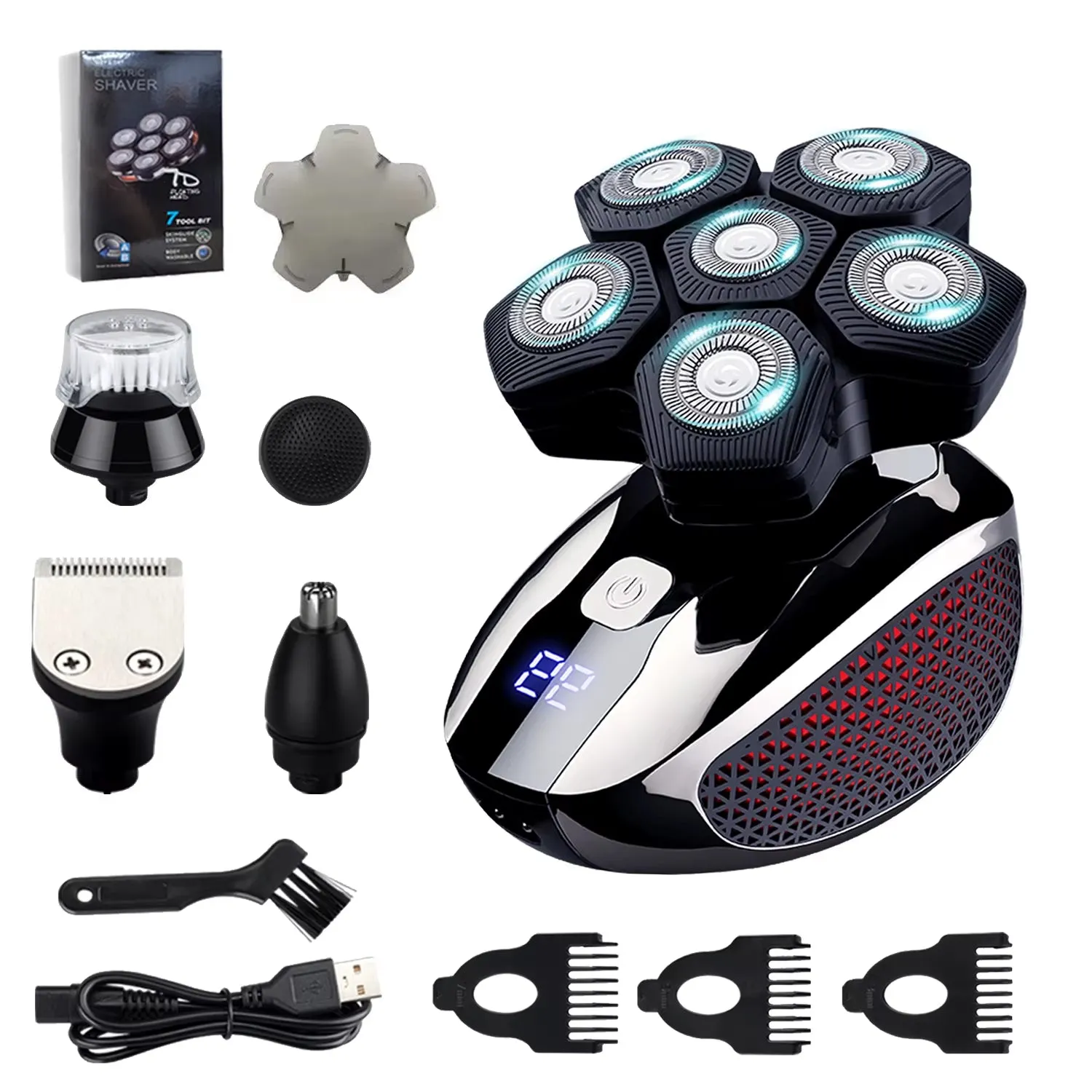 5 in 1 Head Shaver Electric Razor for Men Rechargeable 6D Magnetic Floating Cutter Waterproof Wet and Dry Grooming Kit Trimmer