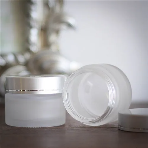 50 ml Frosted Glass Jar with Brushed Silver Cap and Foam Liner