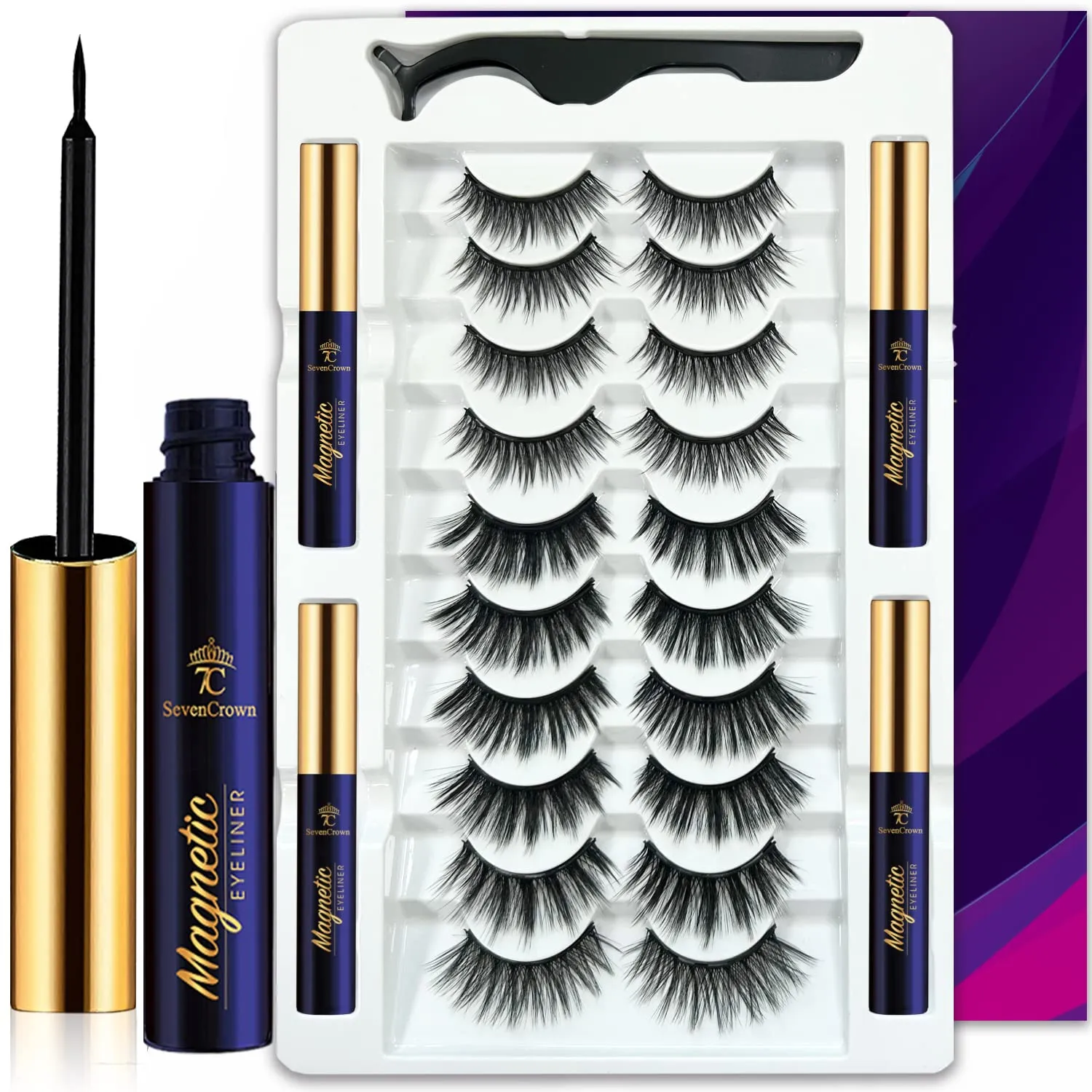 7C SevenCrown Magnetic Eyelashes Natural Look- Mix 10 Pairs 3D Magnetic Lashes with Eyeliner,Upgraded Long Lasting,Reusable 5 Magnet False Eyelashes with Applicator Easy to Apply.Cruelty-Free