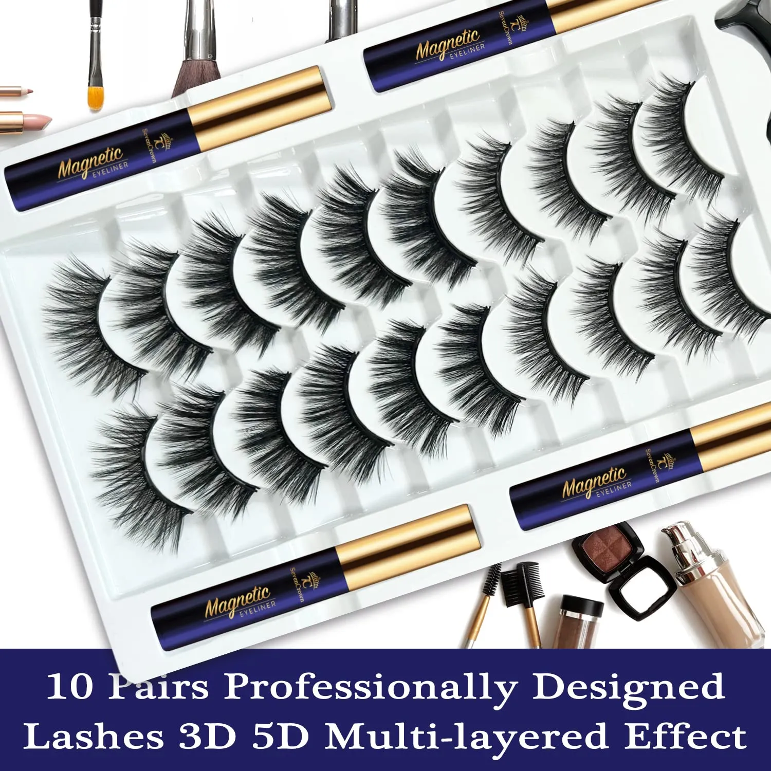 7C SevenCrown Magnetic Eyelashes Natural Look- Mix 10 Pairs 3D Magnetic Lashes with Eyeliner,Upgraded Long Lasting,Reusable 5 Magnet False Eyelashes with Applicator Easy to Apply.Cruelty-Free