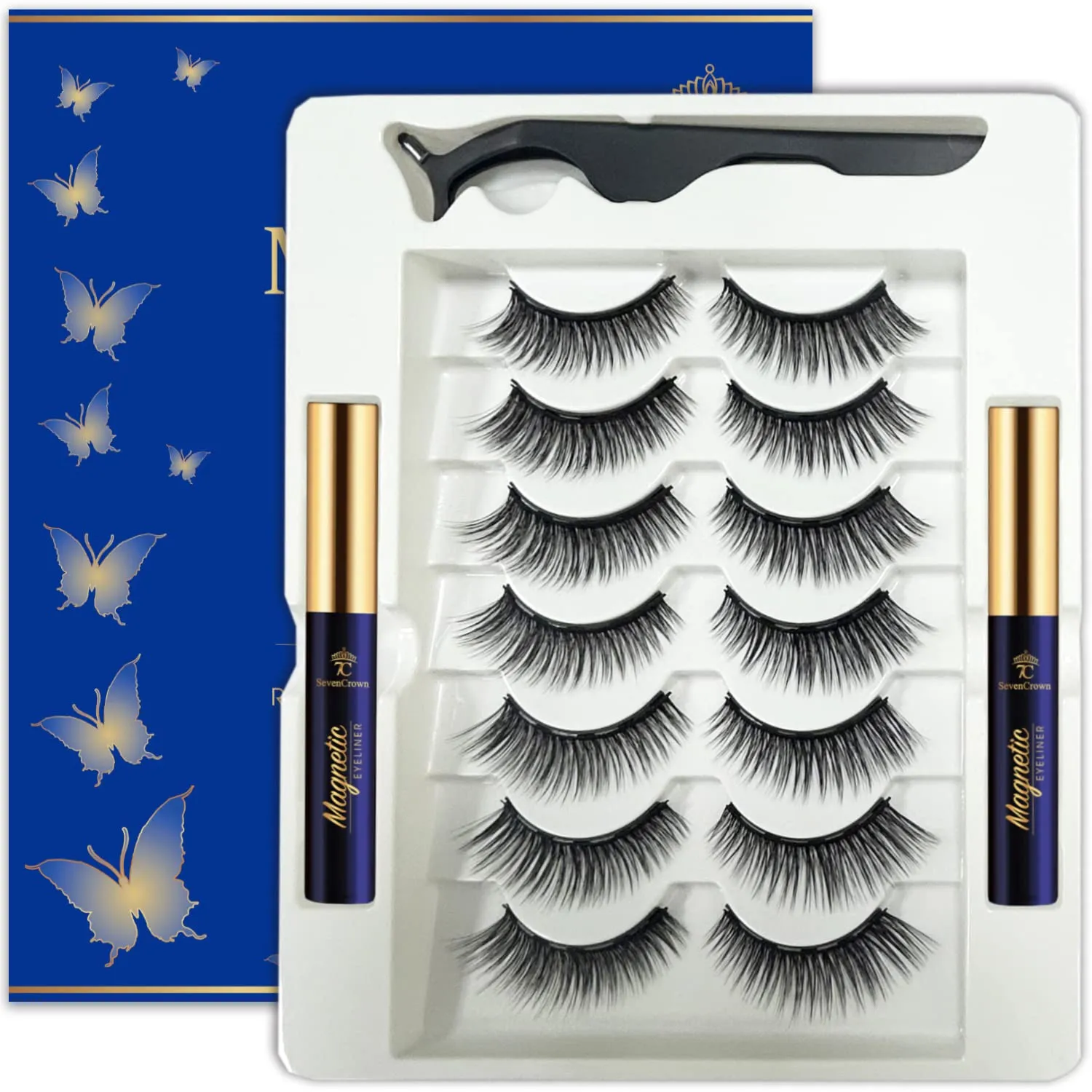 7C SevenCrown Magnetic Eyelashes with Eyeliner Kit - Wispy Cat Eye Magnetic Lashes Natural Looking,Upgraded Long Lasting,7 Pairs 3D Reusable 5 Magnet False Eyelashes with Applicator, Easy to Apply.