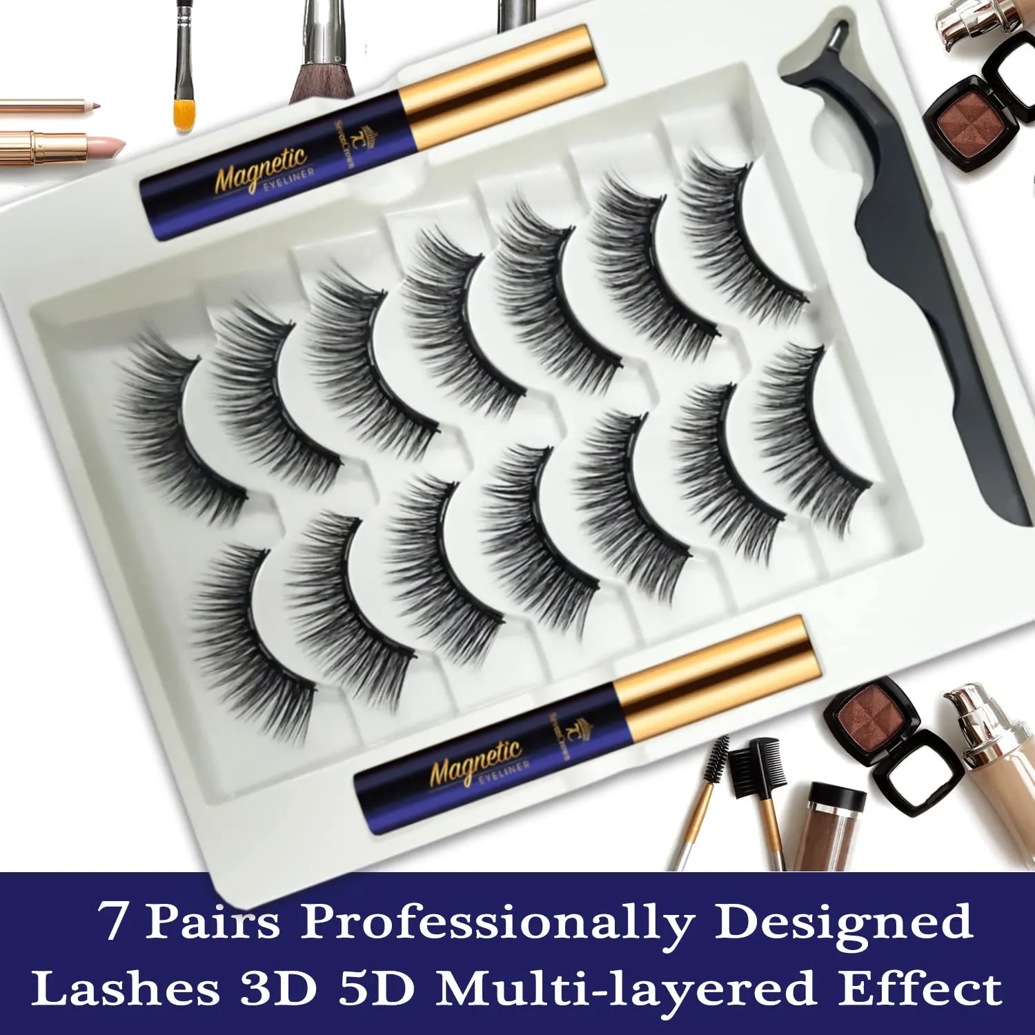 7C SevenCrown Magnetic Eyelashes with Eyeliner Kit - Wispy Cat Eye Magnetic Lashes Natural Looking,Upgraded Long Lasting,7 Pairs 3D Reusable 5 Magnet False Eyelashes with Applicator, Easy to Apply.