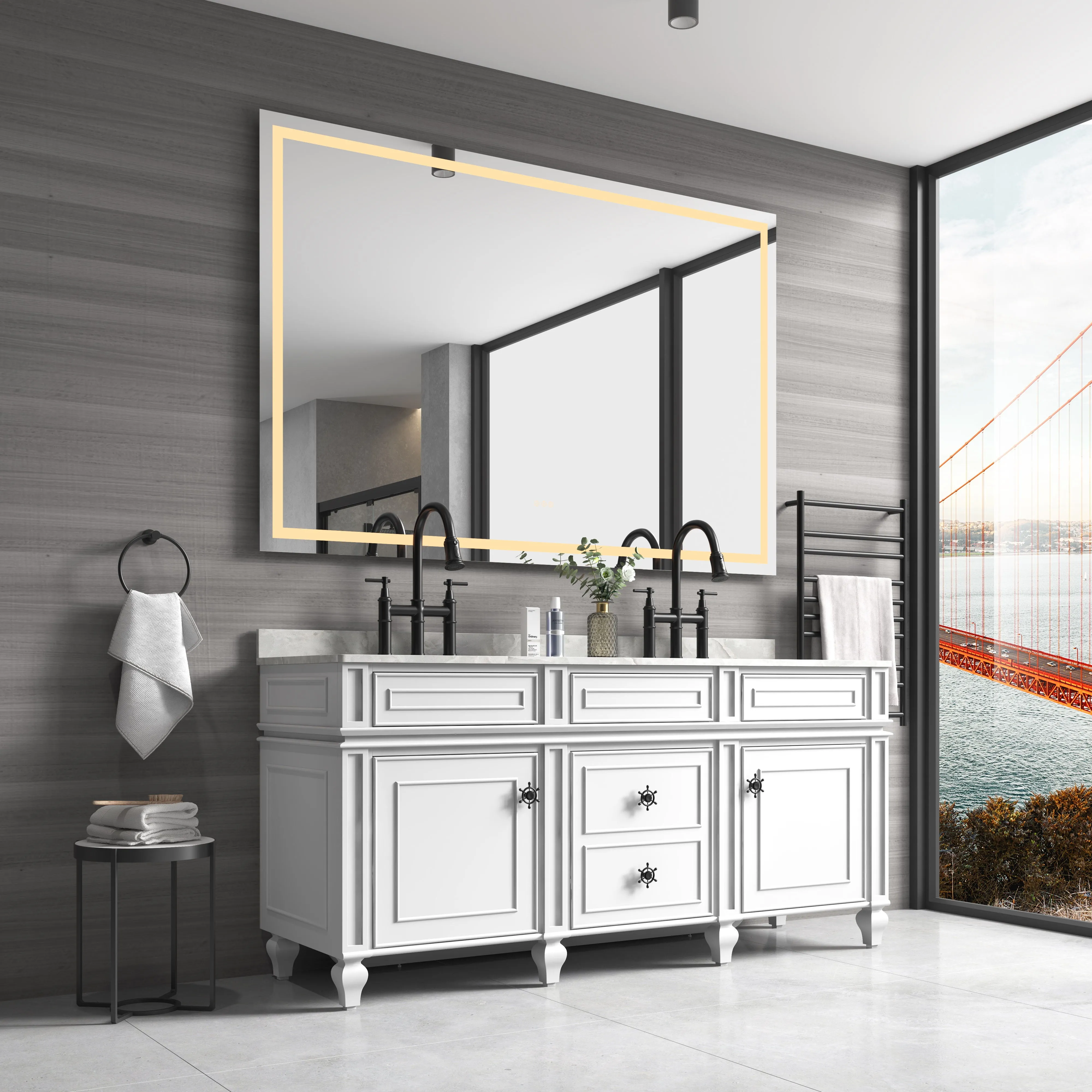 88 X 48 LED Lighted Bathroom Wall Mounted Mirror With High Lumen / Anti-Fog Separately Control Bedroom Full Length Mirror Bathroom LED Mirror Hair Salon Mirror - White