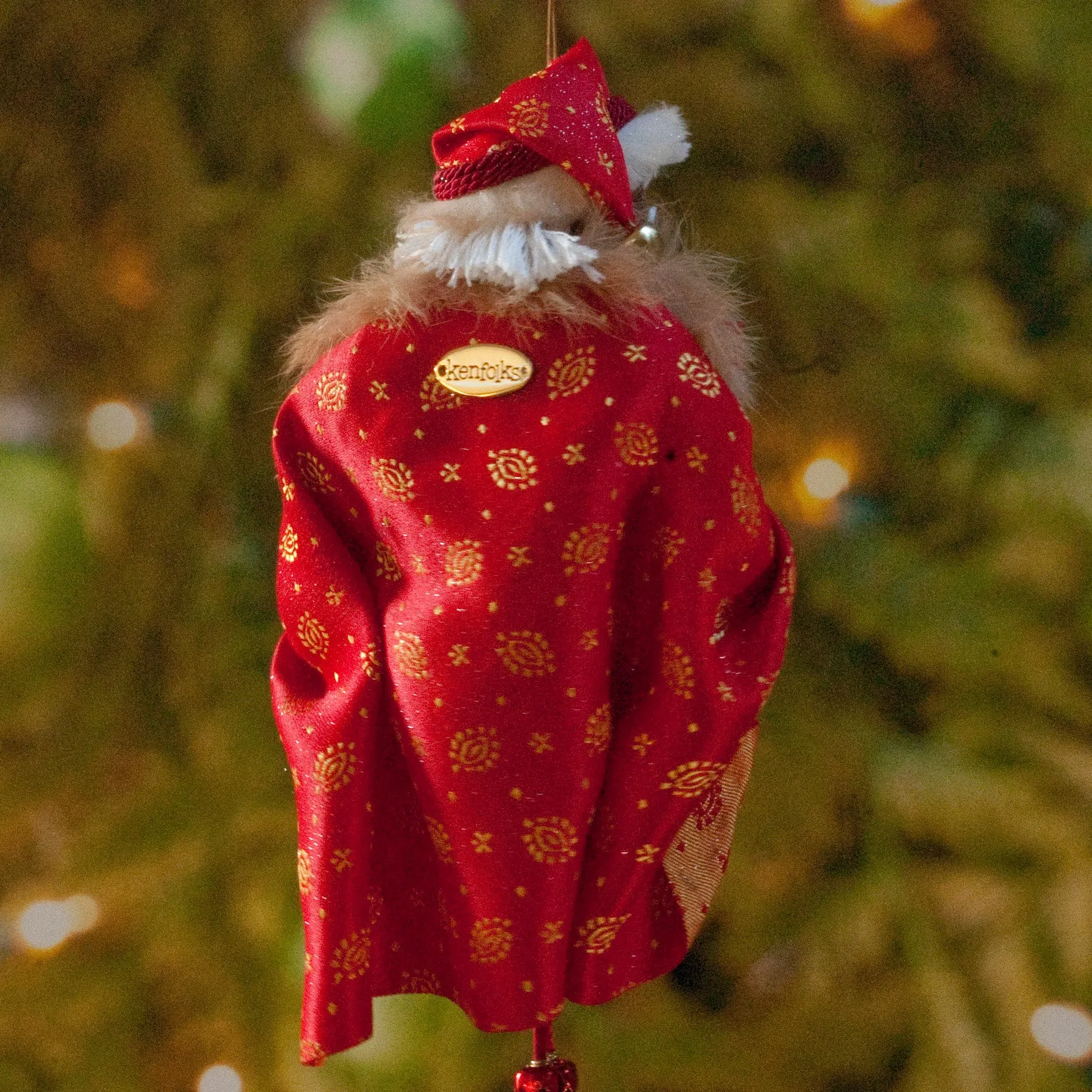 African American Santa Claus Decoration - Arm full of Christmas presents - Richly textured fur trimmed red and gold coat & cap - Golden mittens