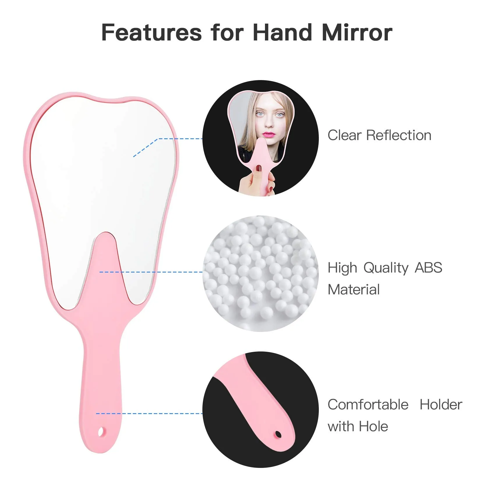 Annhua Tooth Shaped Mirror Hand Mirrors with Handle Pink, Face Mirrors Smal Makeup Mirror Cute for Dental Clinic, Salon, Barber or Hairdressing - Plastic & Glass