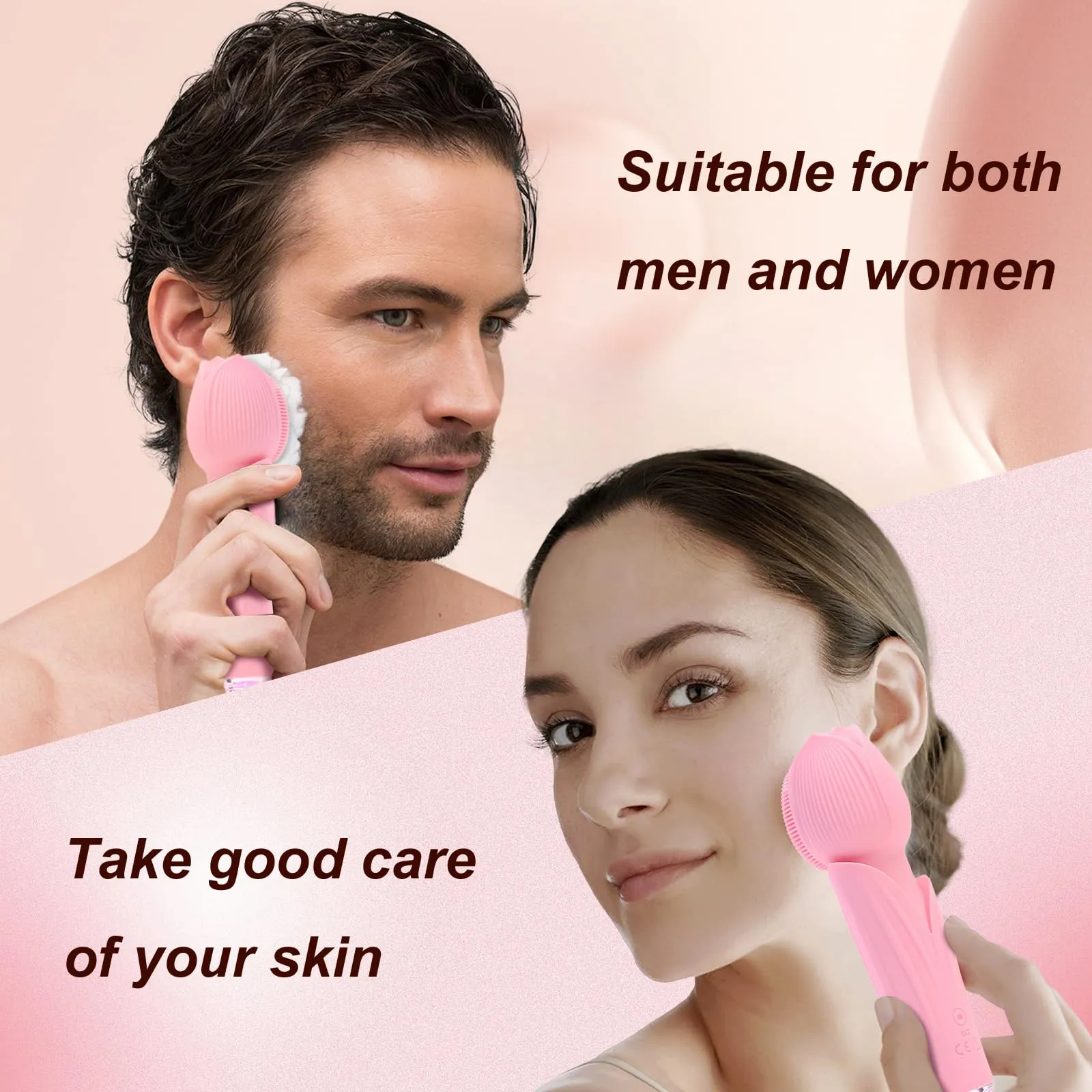 AUSINCERE Facial Cleansing Brush, Silicone Face Scrubber, Rechargeable and Waterproof Face Scrub Brush for Cleansing/Exfoliating/Vibration Massage(Pink)