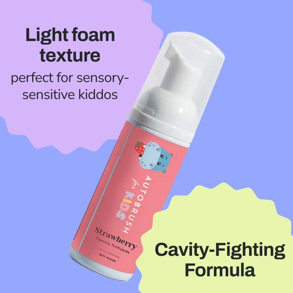 autobrush Kids Fluoride-Free Foaming Toothpaste Strawberry Flavor for Electric or U-Shaped Toothbrush, SLS-Free, Training Toothpaste, Anti-Cavity (3 Pack)
