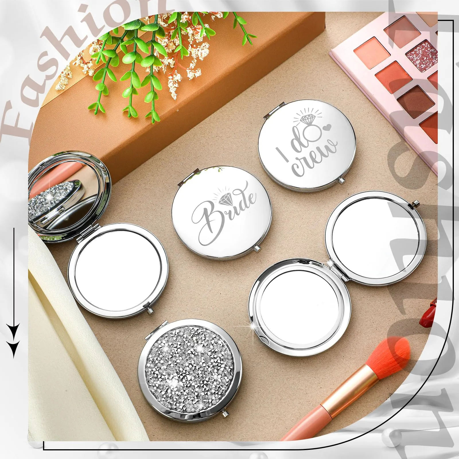 Barydat 10 Pieces Bridesmaid Gifts Set Magnifying Compact Mirror Bride I Do Crew Bridesmaid Proposal Gifts Travel Small Mirror for Purse Makeup Pocket Mirror for Women Wedding Party (Silver)