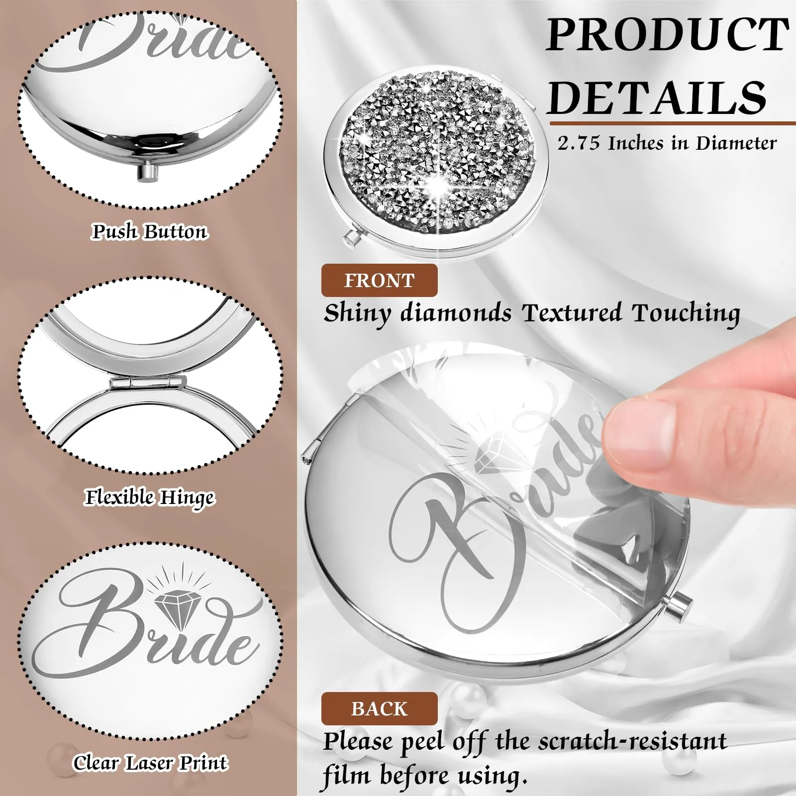 Barydat 10 Pieces Bridesmaid Gifts Set Magnifying Compact Mirror Bride I Do Crew Bridesmaid Proposal Gifts Travel Small Mirror for Purse Makeup Pocket Mirror for Women Wedding Party (Silver)