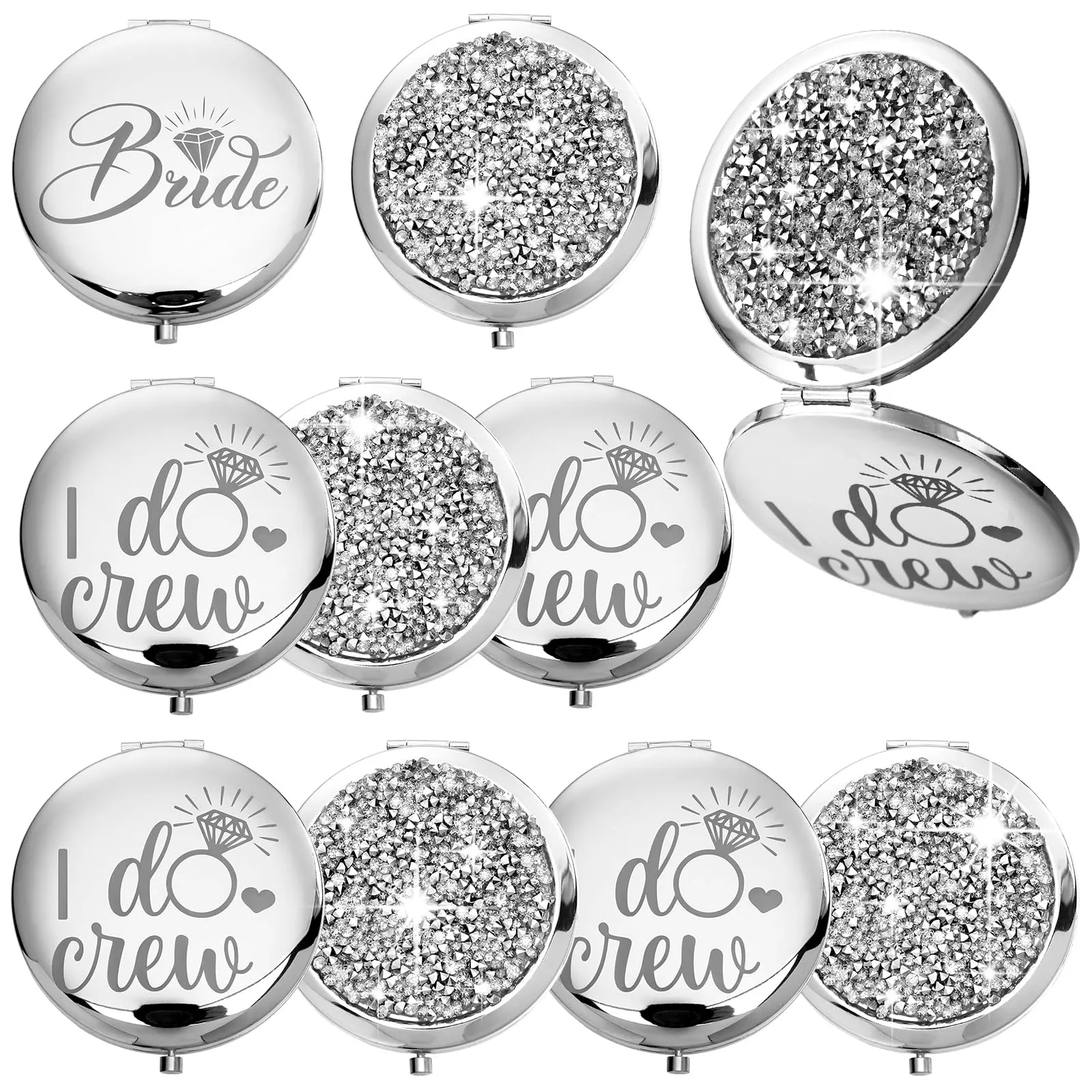 Barydat 10 Pieces Bridesmaid Gifts Set Magnifying Compact Mirror Bride I Do Crew Bridesmaid Proposal Gifts Travel Small Mirror for Purse Makeup Pocket Mirror for Women Wedding Party (Silver)