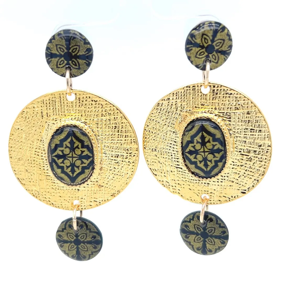 Black & Gold Dangle Earrings With Tile Detail Large