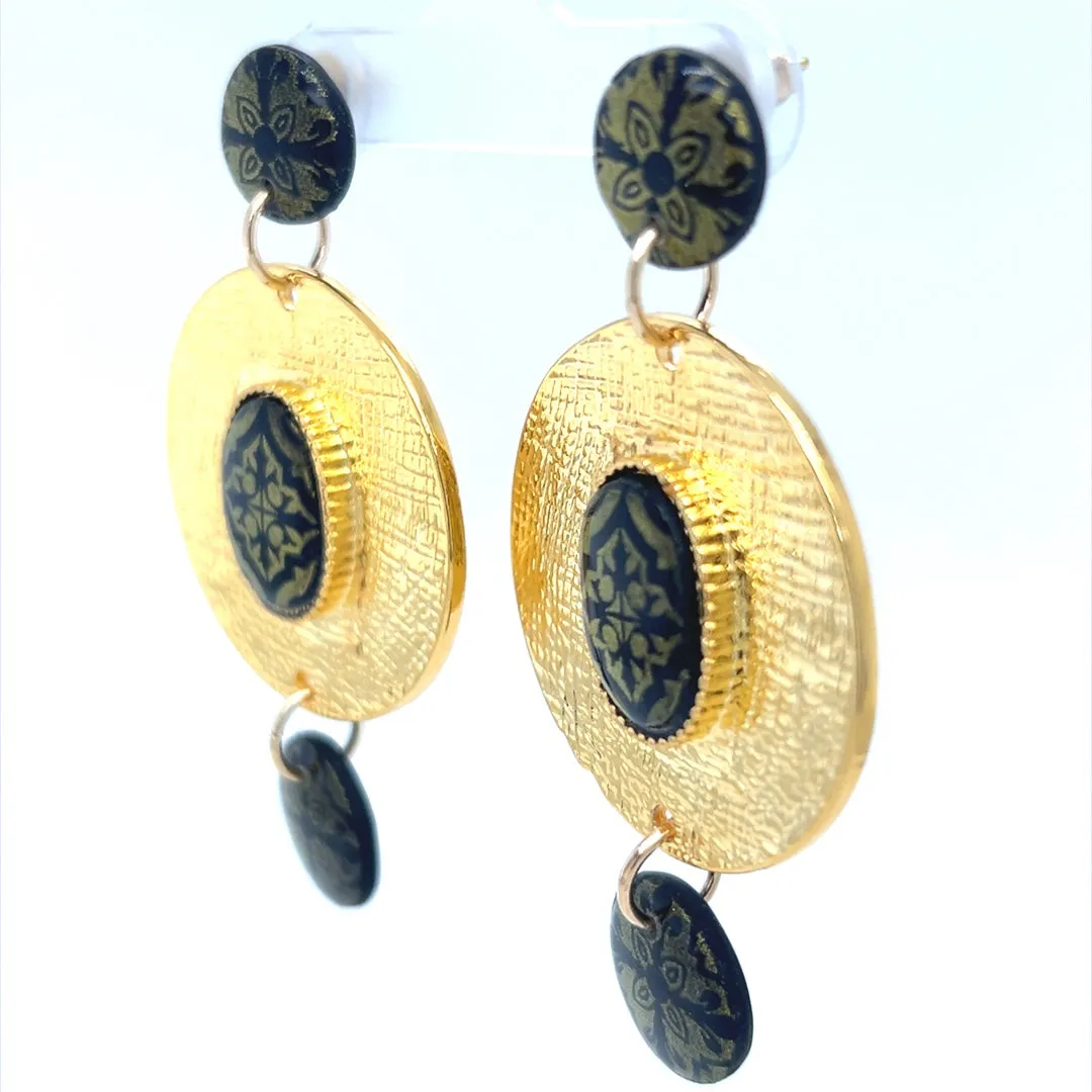 Black & Gold Dangle Earrings With Tile Detail Large