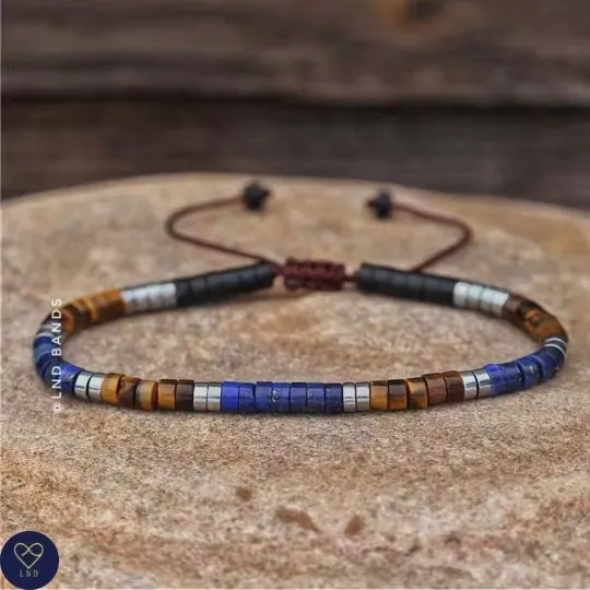Black stone Lapis Lazuli Tiger Eye Bracelet, Adjustable 4mm Bracelet, Tibetan Minimalist Gemstone Bracelet, Yoga, Boho, Gift for him, summer