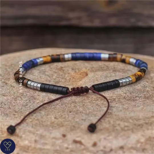 Black stone Lapis Lazuli Tiger Eye Bracelet, Adjustable 4mm Bracelet, Tibetan Minimalist Gemstone Bracelet, Yoga, Boho, Gift for him, summer