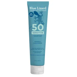 BLUE LIZARD Sensitive Mineral Sunscreen with Zinc Oxide 50  Water Resistant UVAUVB Protection with Smart Cap Technology Fragrance Free, Sensitve, SPF 50 - - Tube, Unscented, 5 Fl Oz