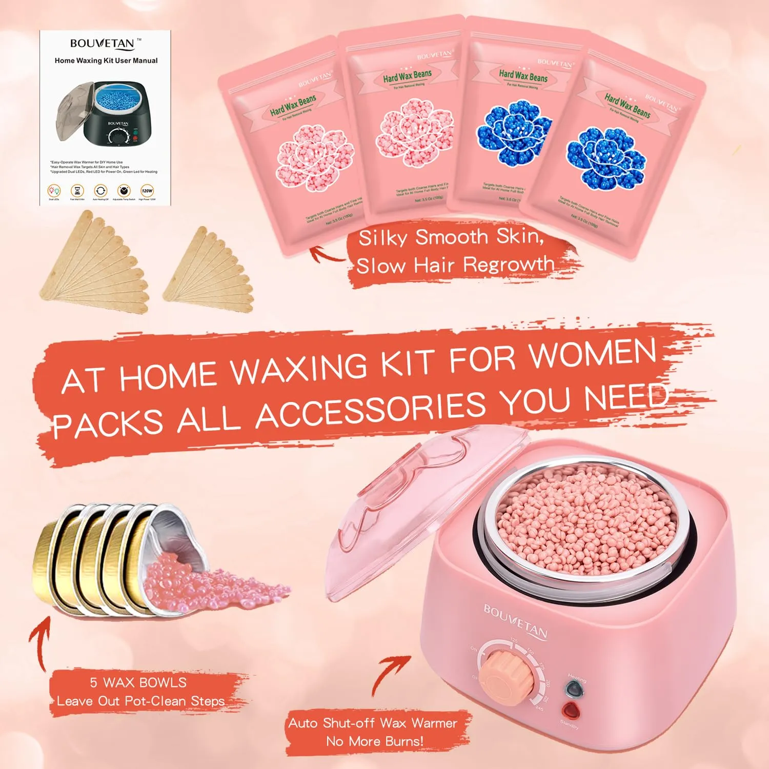 Bouvetan Waxing Kit for Women - Warmer with 17.5oz Hard Wax Beads, 20 Wax Sticks for Face, Eyebrow, Armpit, Arms, Legs, Bikini Hair Removal
