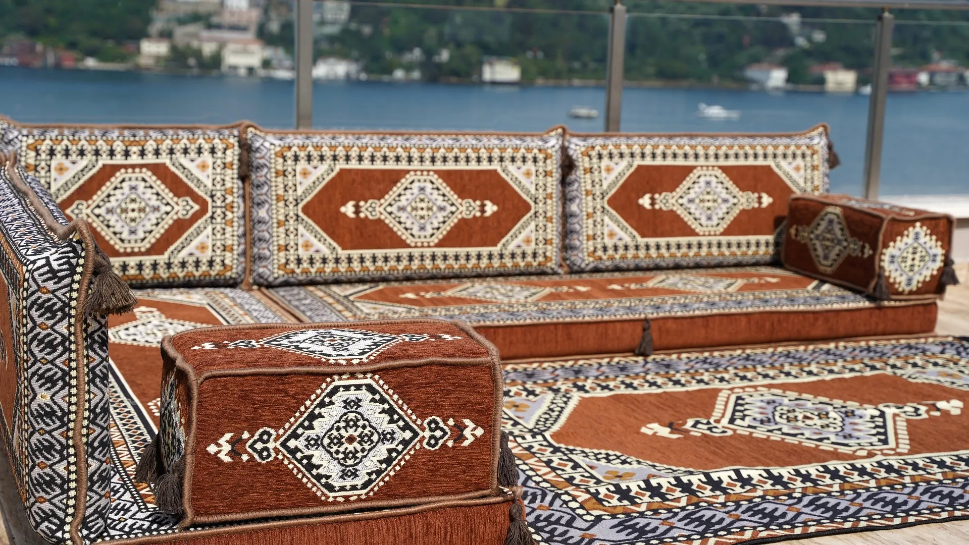 Brown Oriental Floor Seating, Floor Sofa Seating Set, L Shape Corner Arabic Sofa Set, Floor Cushions, Living room Sofa, Arabic Majlis
