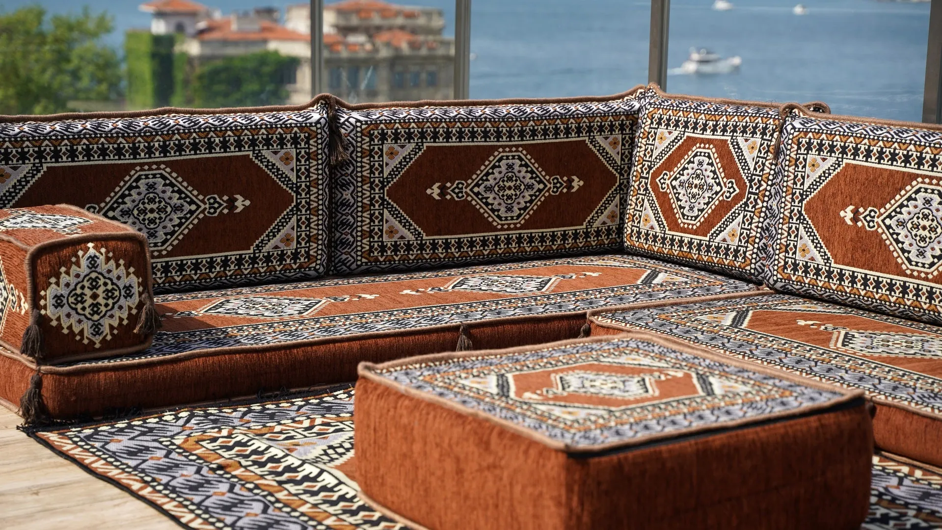 Brown Oriental Floor Seating, Floor Sofa Seating Set, L Shape Corner Arabic Sofa Set, Floor Cushions, Living room Sofa, Arabic Majlis