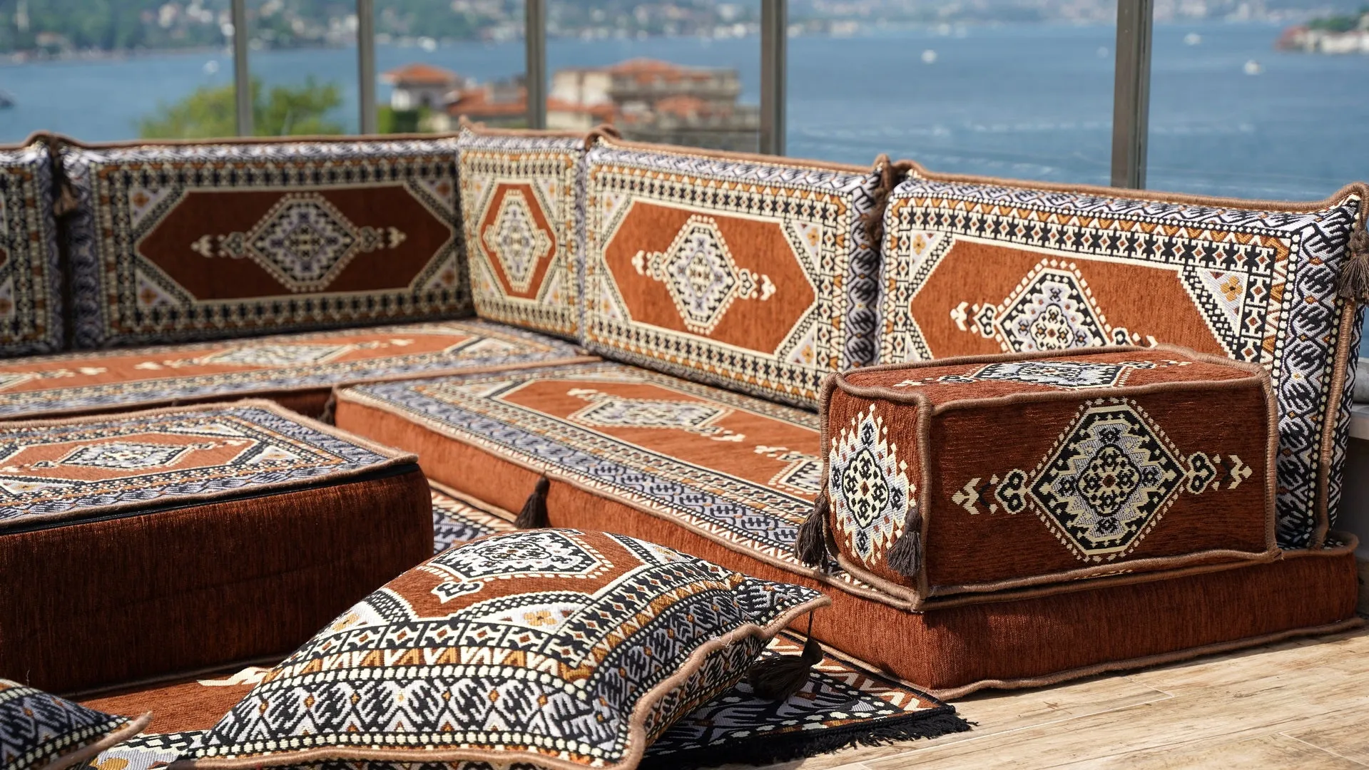 Brown Oriental Floor Seating, Floor Sofa Seating Set, L Shape Corner Arabic Sofa Set, Floor Cushions, Living room Sofa, Arabic Majlis