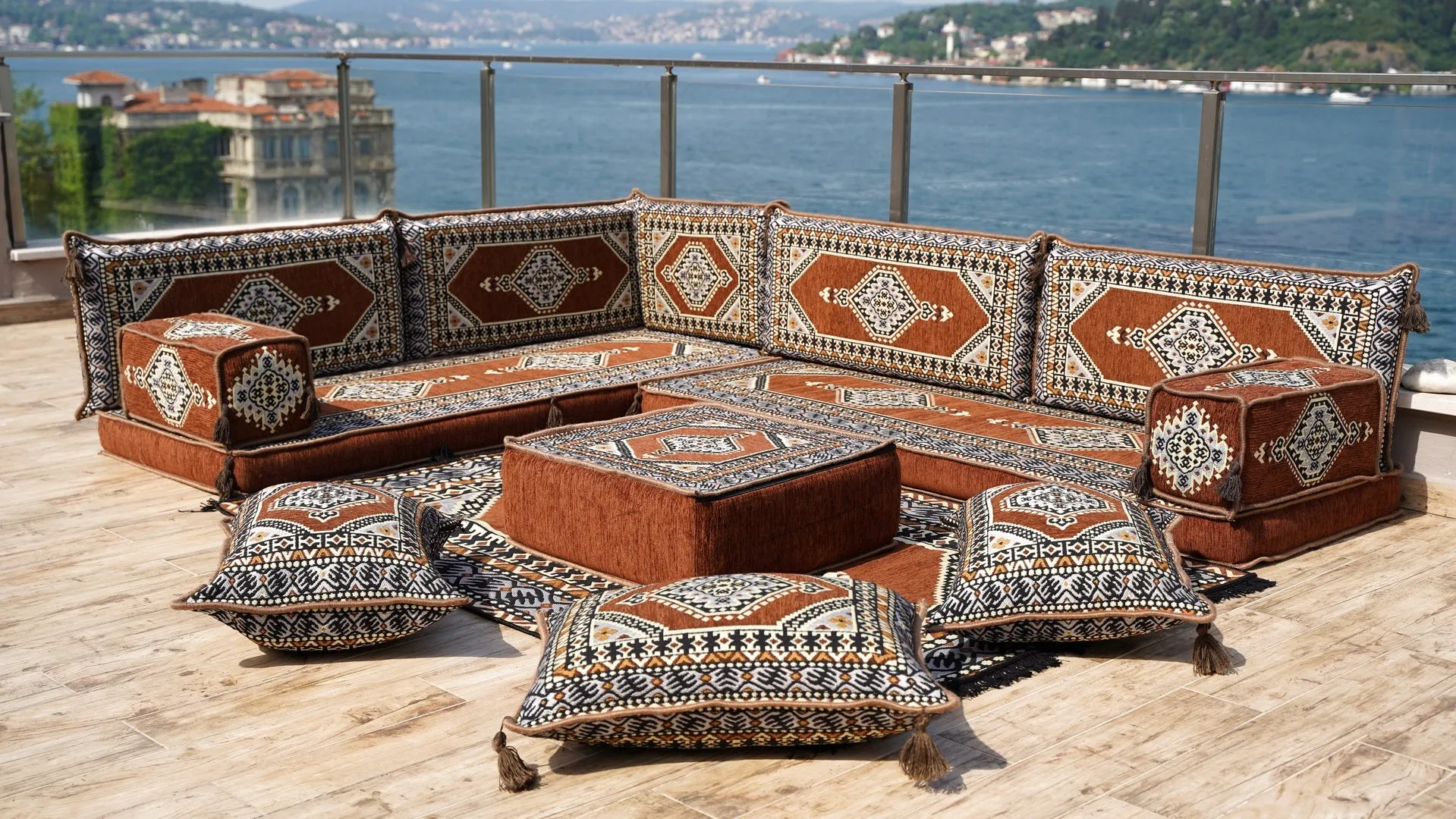 Brown Oriental Floor Seating, Floor Sofa Seating Set, L Shape Corner Arabic Sofa Set, Floor Cushions, Living room Sofa, Arabic Majlis
