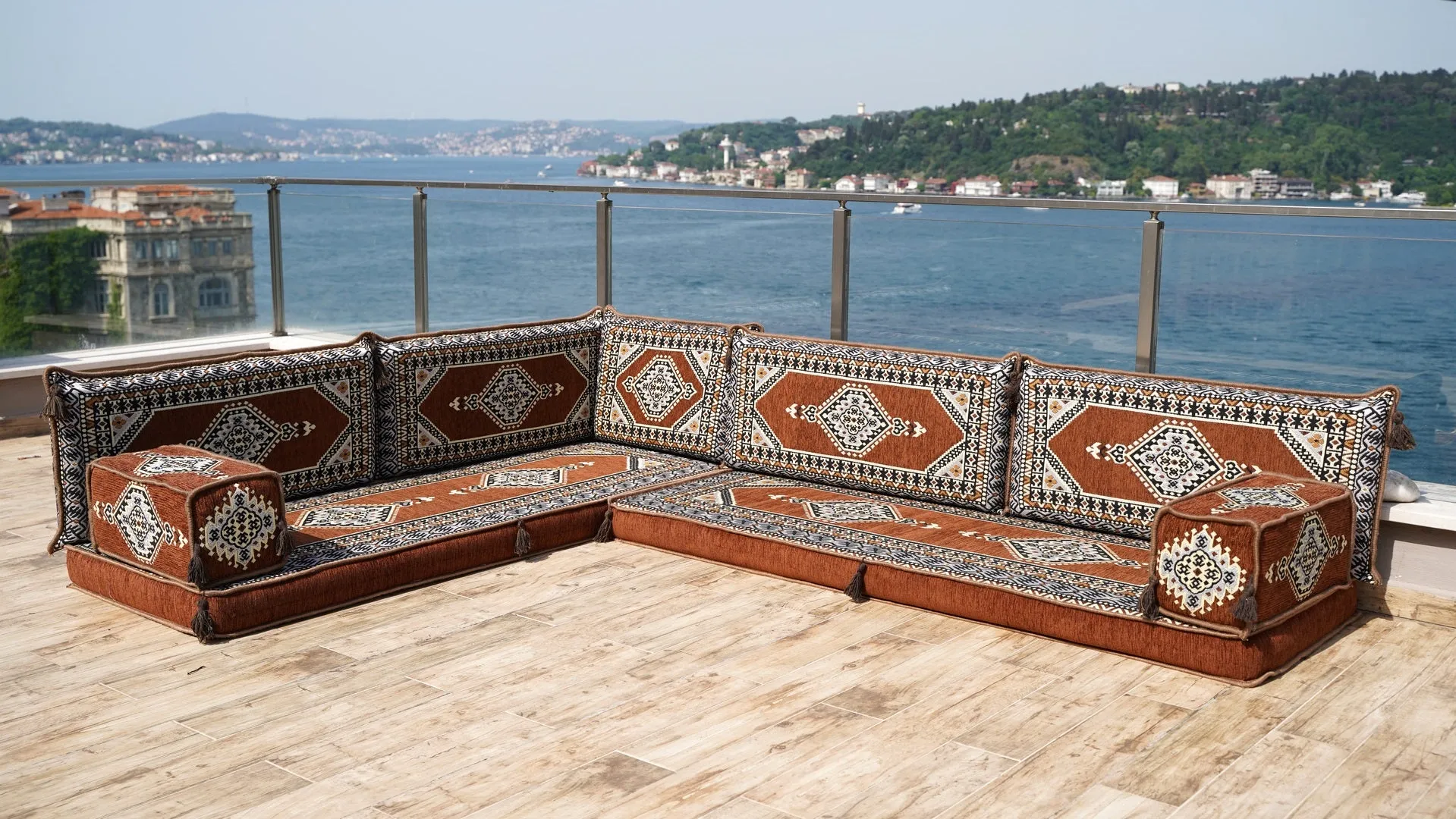 Brown Oriental Floor Seating, Floor Sofa Seating Set, L Shape Corner Arabic Sofa Set, Floor Cushions, Living room Sofa, Arabic Majlis