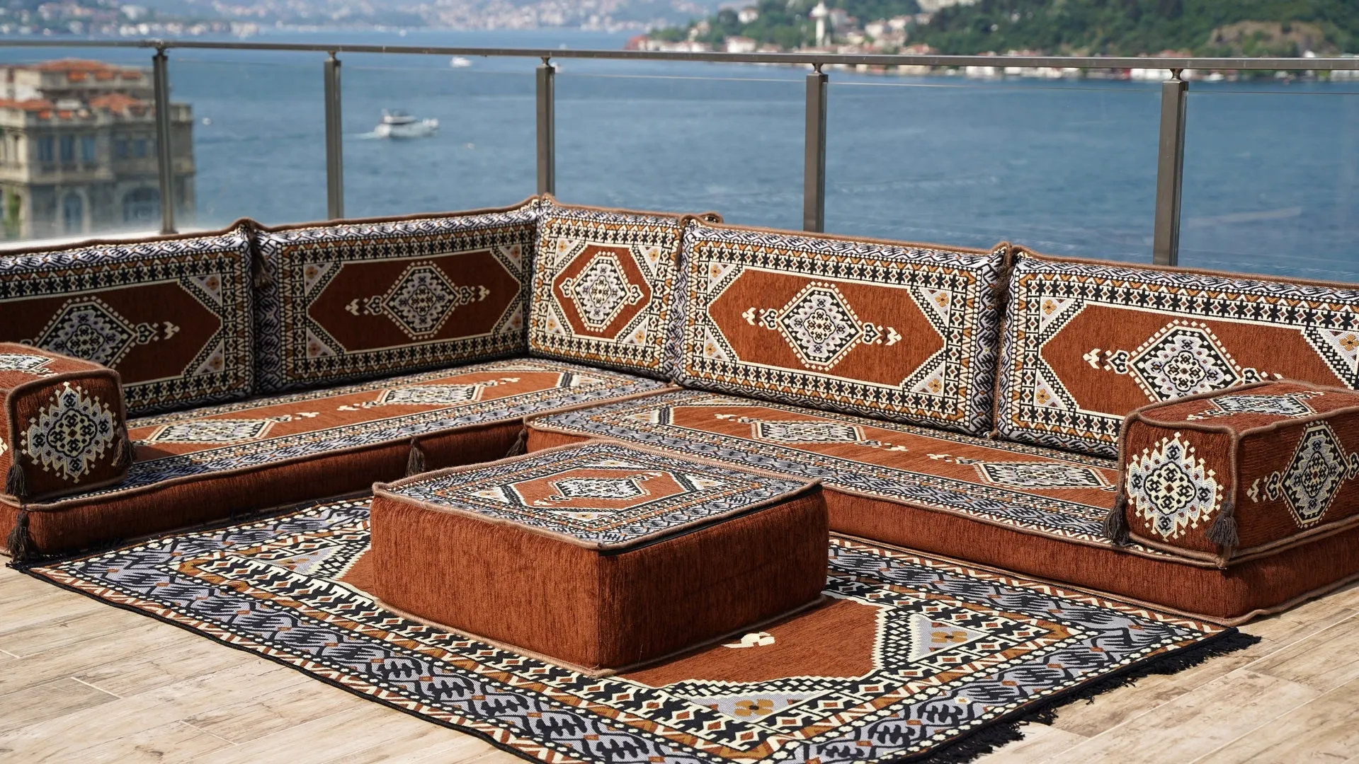 Brown Oriental Floor Seating, Floor Sofa Seating Set, L Shape Corner Arabic Sofa Set, Floor Cushions, Living room Sofa, Arabic Majlis