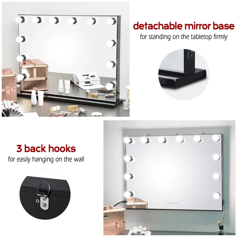 Byootique Urstudio 34X26" Black Hollywood Vanity Mirror Tabletop Wall Mount