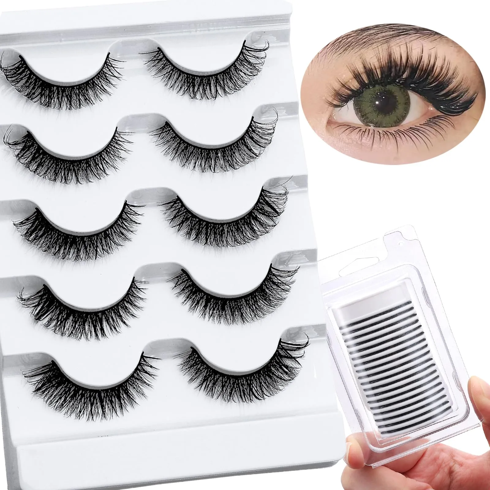 DSLONG 5 Pairs Natural Look D Curl Lashes With 18PCS Self Adhesive Eyelashes Strips, Manga Lashes Fluffy Cat Eye Lashes Looks Like Eyelash Extensions (Cat Eye)