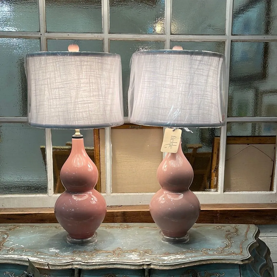 Dusty Rose Pink Double Gourd Lamps with White Shades on Acrylic Bases