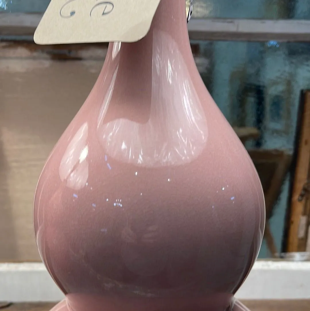 Dusty Rose Pink Double Gourd Lamps with White Shades on Acrylic Bases