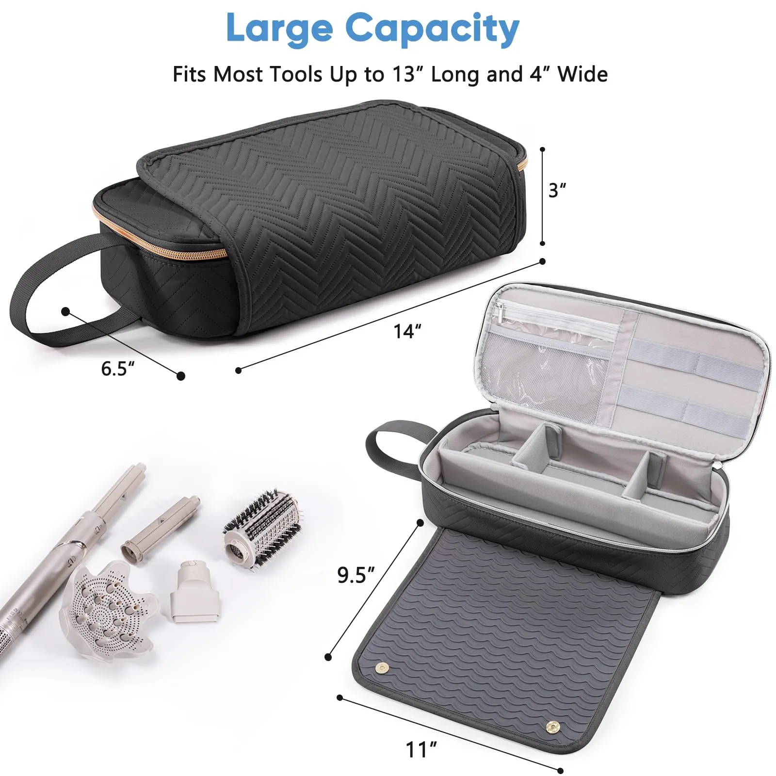 ELCUPA 2IN1 Hair Tools Travel Bag with Heat Resistant Mat for Flat Irons, Straighteners, Curling Iron, Hair Dryer Case Compatible with Revlon One-Step Hair Dryer, Shark Flexstyle, Hair Essentials