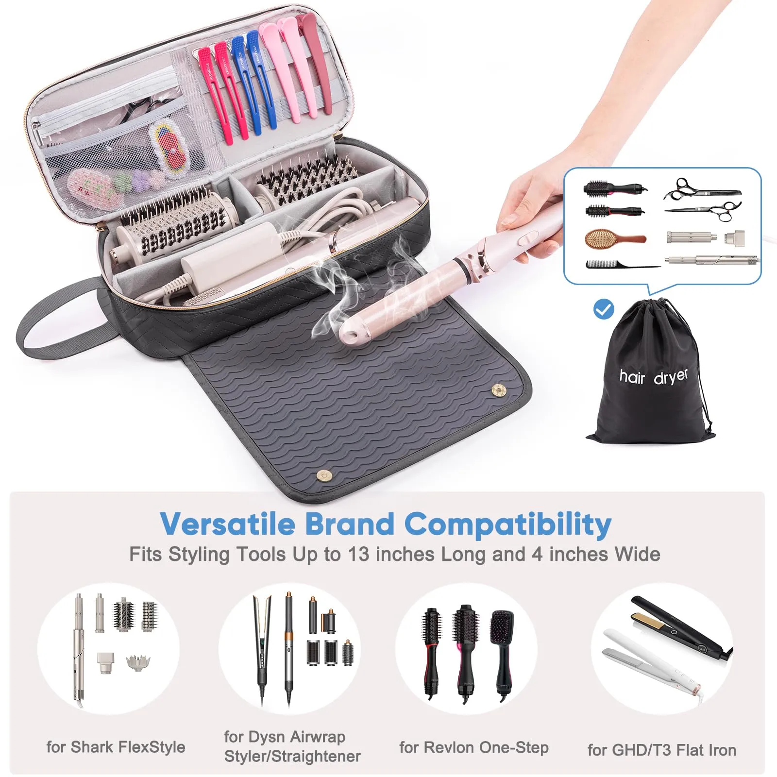ELCUPA 2IN1 Hair Tools Travel Bag with Heat Resistant Mat for Flat Irons, Straighteners, Curling Iron, Hair Dryer Case Compatible with Revlon One-Step Hair Dryer, Shark Flexstyle, Hair Essentials