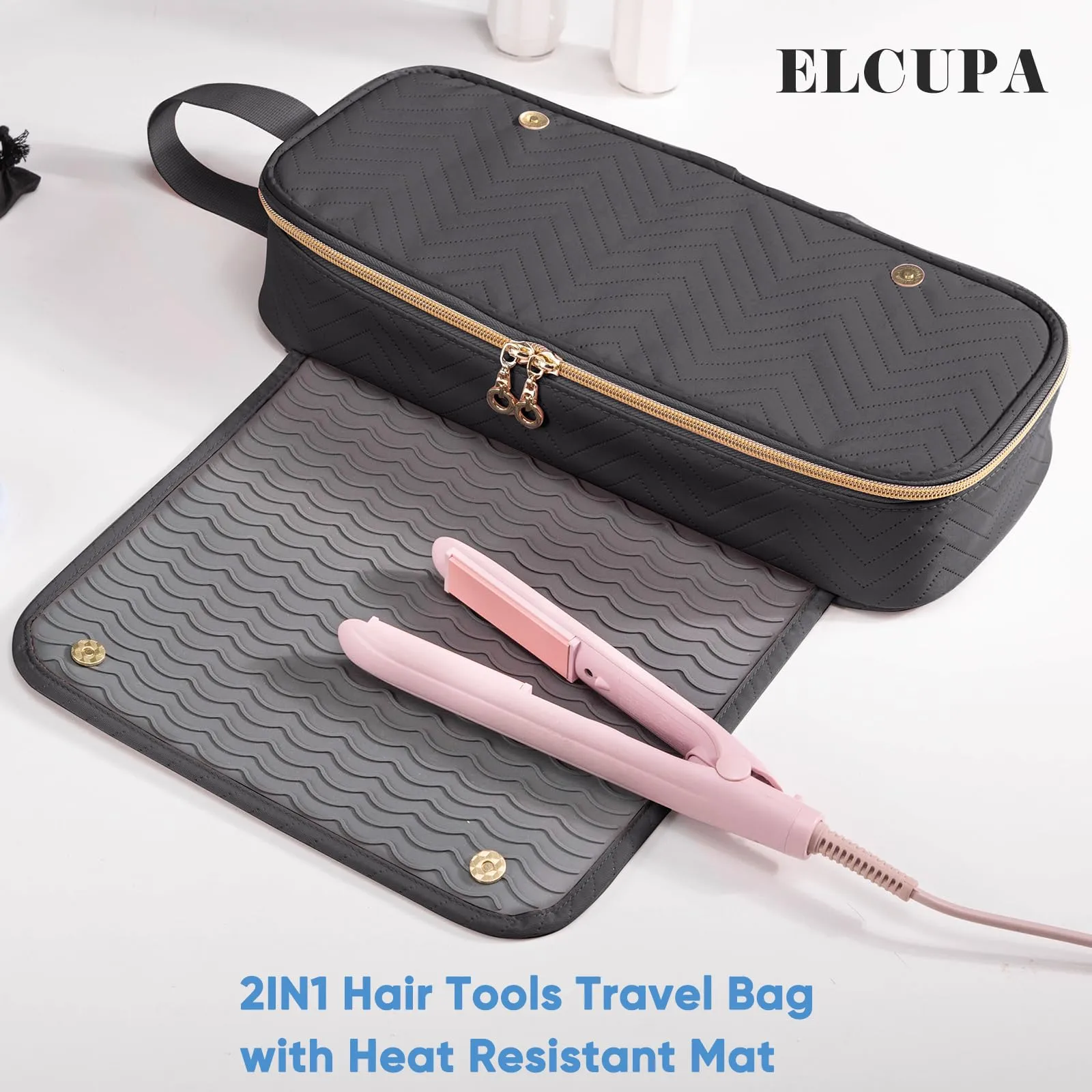 ELCUPA 2IN1 Hair Tools Travel Bag with Heat Resistant Mat for Flat Irons, Straighteners, Curling Iron, Hair Dryer Case Compatible with Revlon One-Step Hair Dryer, Shark Flexstyle, Hair Essentials