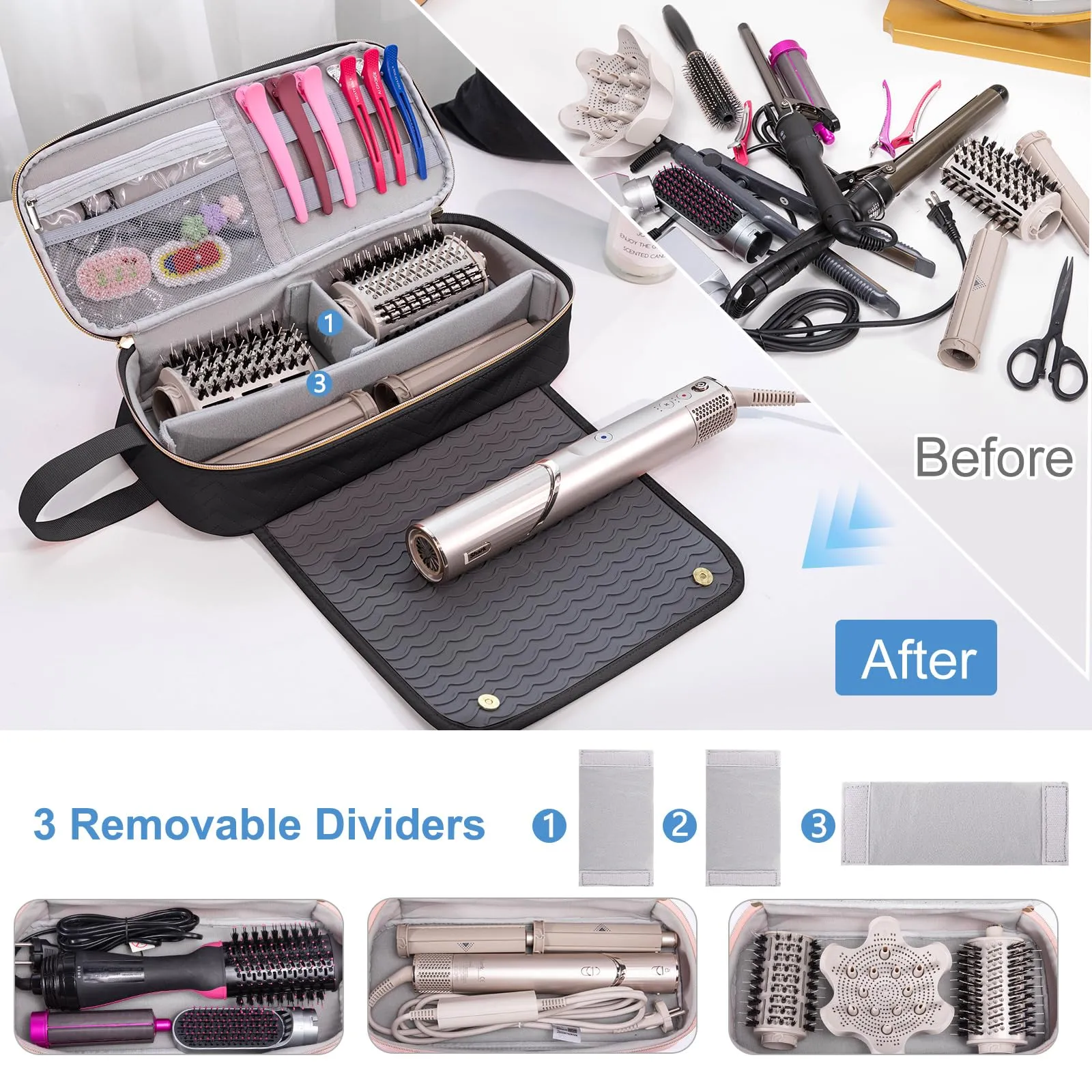 ELCUPA 2IN1 Hair Tools Travel Bag with Heat Resistant Mat for Flat Irons, Straighteners, Curling Iron, Hair Dryer Case Compatible with Revlon One-Step Hair Dryer, Shark Flexstyle, Hair Essentials