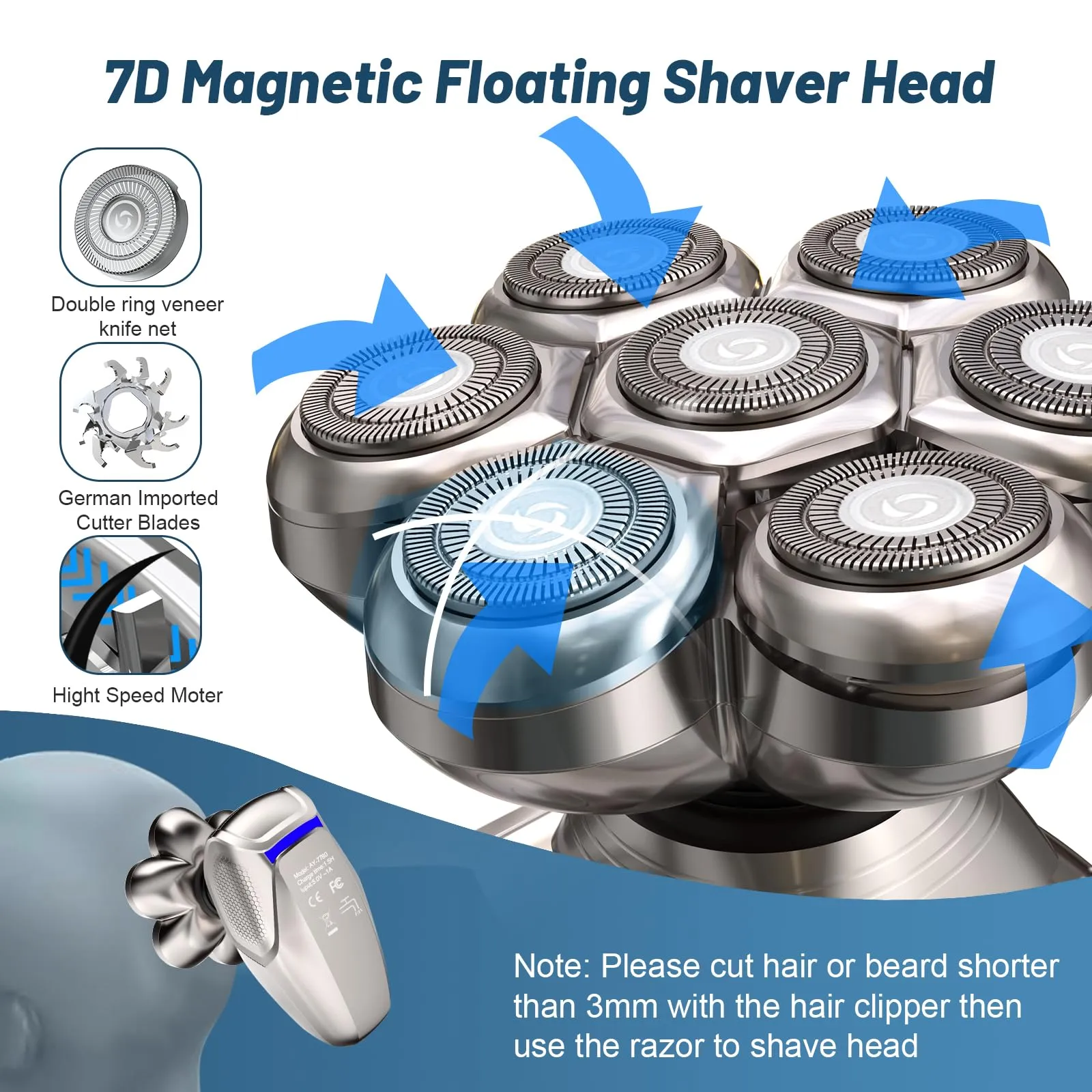Electric Head Shavers for Bald Men - 7D Detachable Magnetic Bald Head Shaver Adjustable Speed, 5-in-1 Men's Electric Head Razor Grooming Kit, IPX7 Waterproof Wet Dry Shaving Type-C Rechargeable