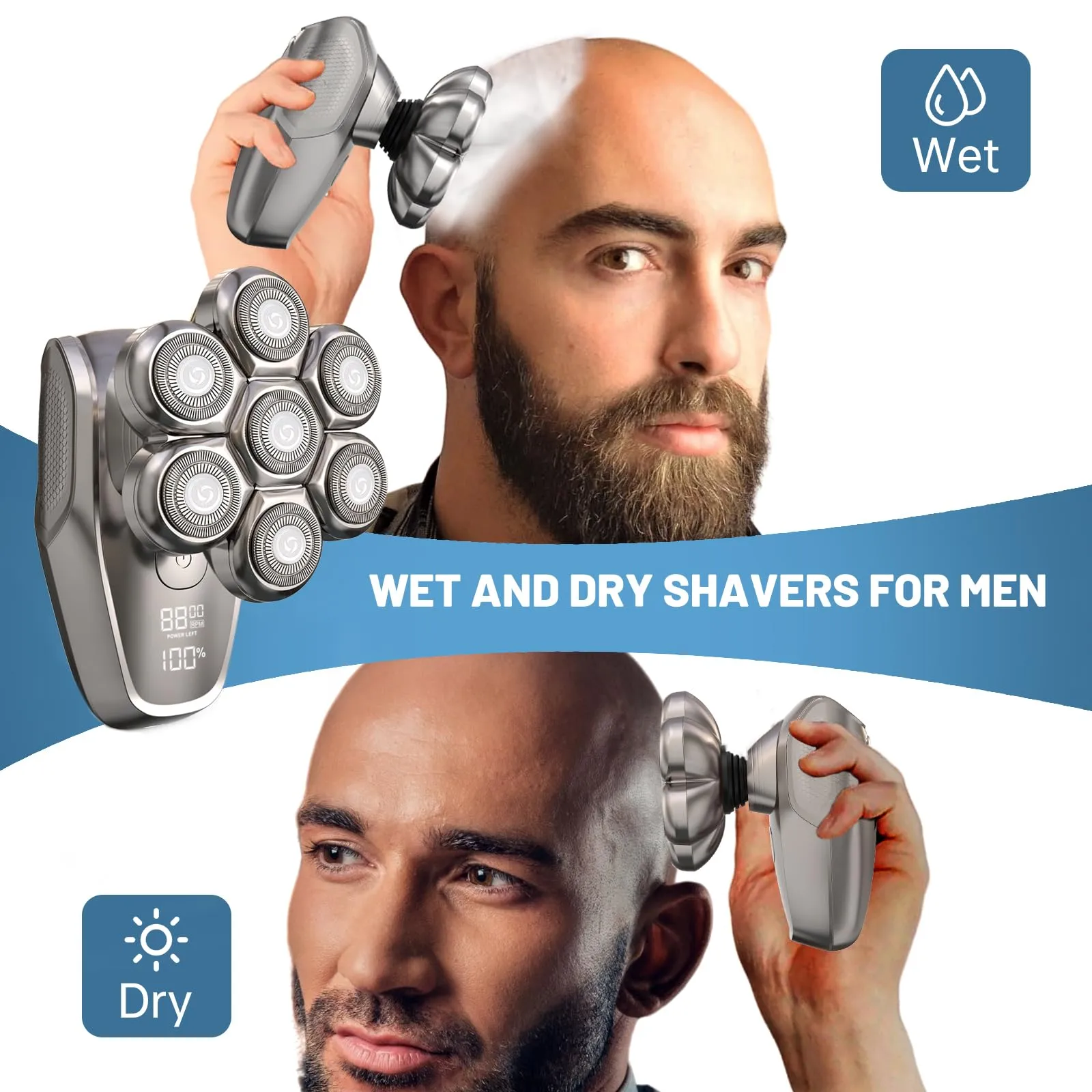 Electric Head Shavers for Bald Men - 7D Detachable Magnetic Bald Head Shaver Adjustable Speed, 5-in-1 Men's Electric Head Razor Grooming Kit, IPX7 Waterproof Wet Dry Shaving Type-C Rechargeable